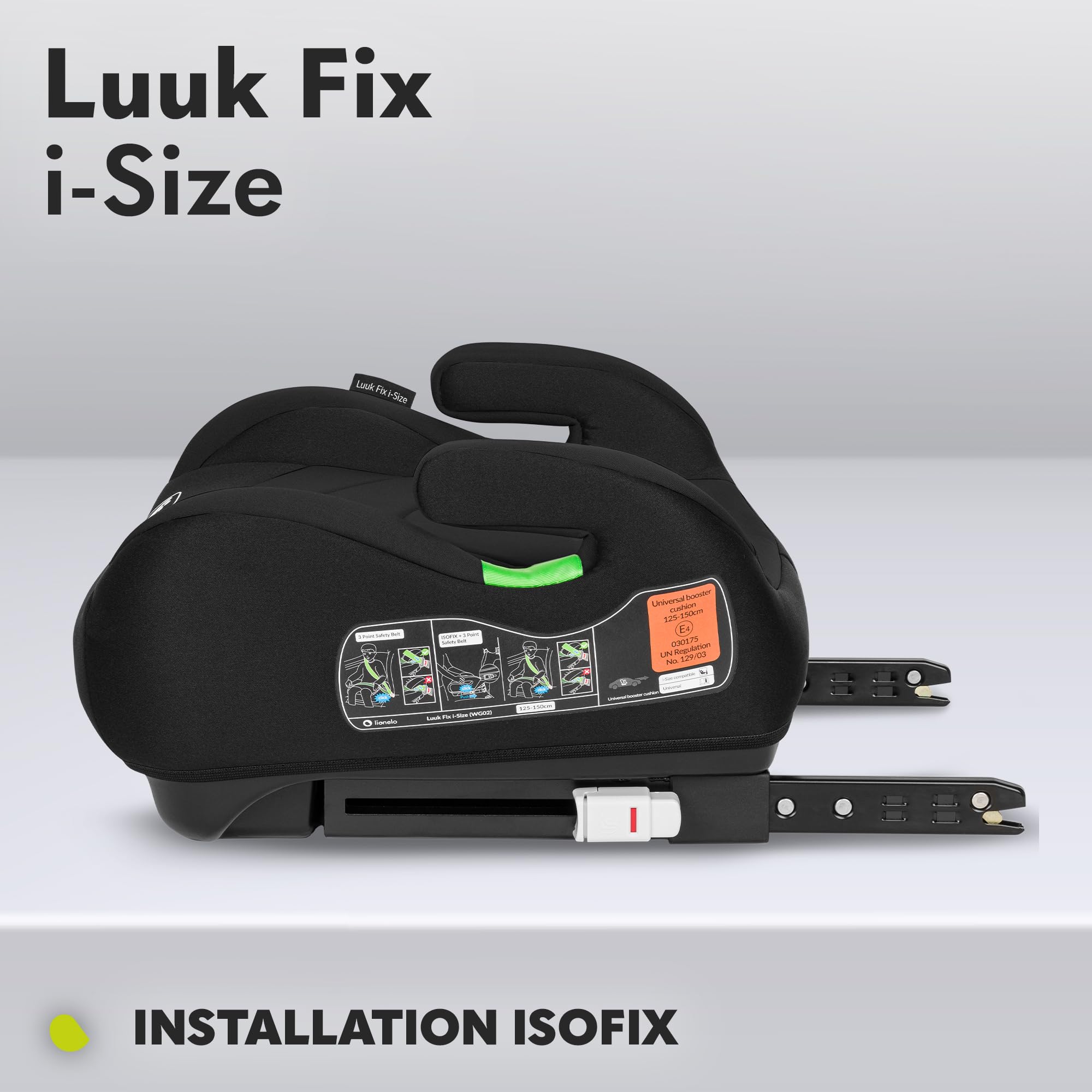 LIONELO LUUK FIX i-Size Réhausseur Siège Auto pour Enfants avec ISOFIX, de 22 à 36 kg/ 125-150 cm, Groupe 2 et 3, Siège et Accoudoirs Confortables, Housse Amovible (Grey) (Noir)