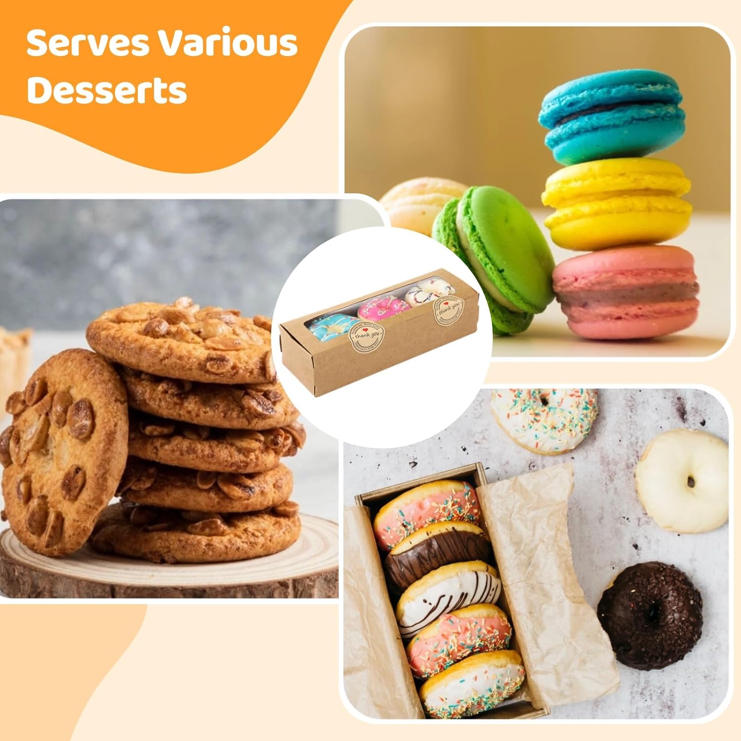 OMISTAR 100 Pcs Macaron Boxes with Windows, Macaron Present Boxes with 200 Sealing Stickers, Brown Flip-Top Kraft Paper Containers, Rectangle Bakery Boxes for Desserts, Cookies, Chocolates