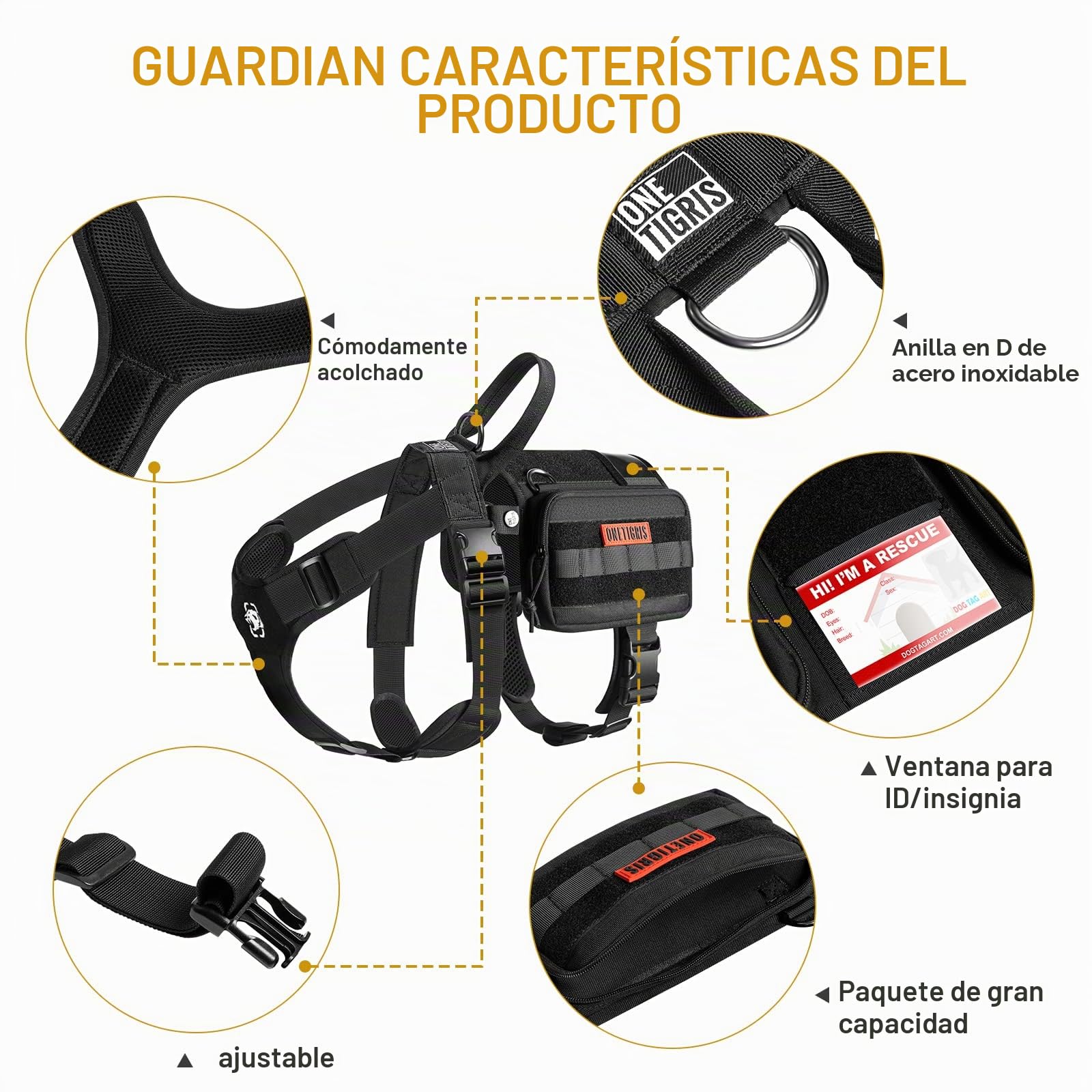 OneTigris Guardian Arnés para Perros Traje, Servicio Arnés para Perros con 3 Anillos D de Acero Inoxidable y Bolsillo de Gran Capacidad, Correa de Pecho con Cómodo Acolchado - Negro