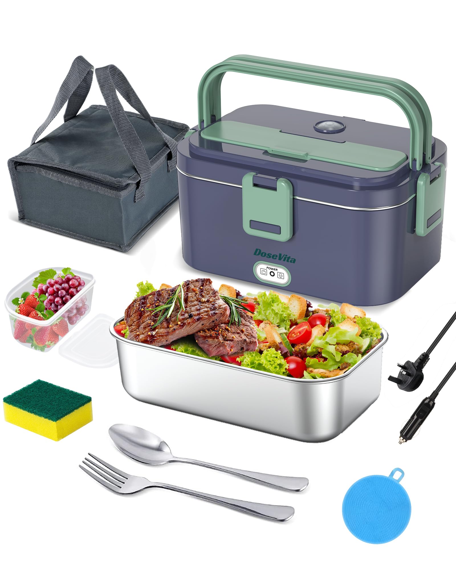 Electric Lunch Box 1.8L Faster Heated Lunch Box Portable Food Warmer for Car/Truck/Office with Fork and Carry Bag & 2 Cleaning Sponges