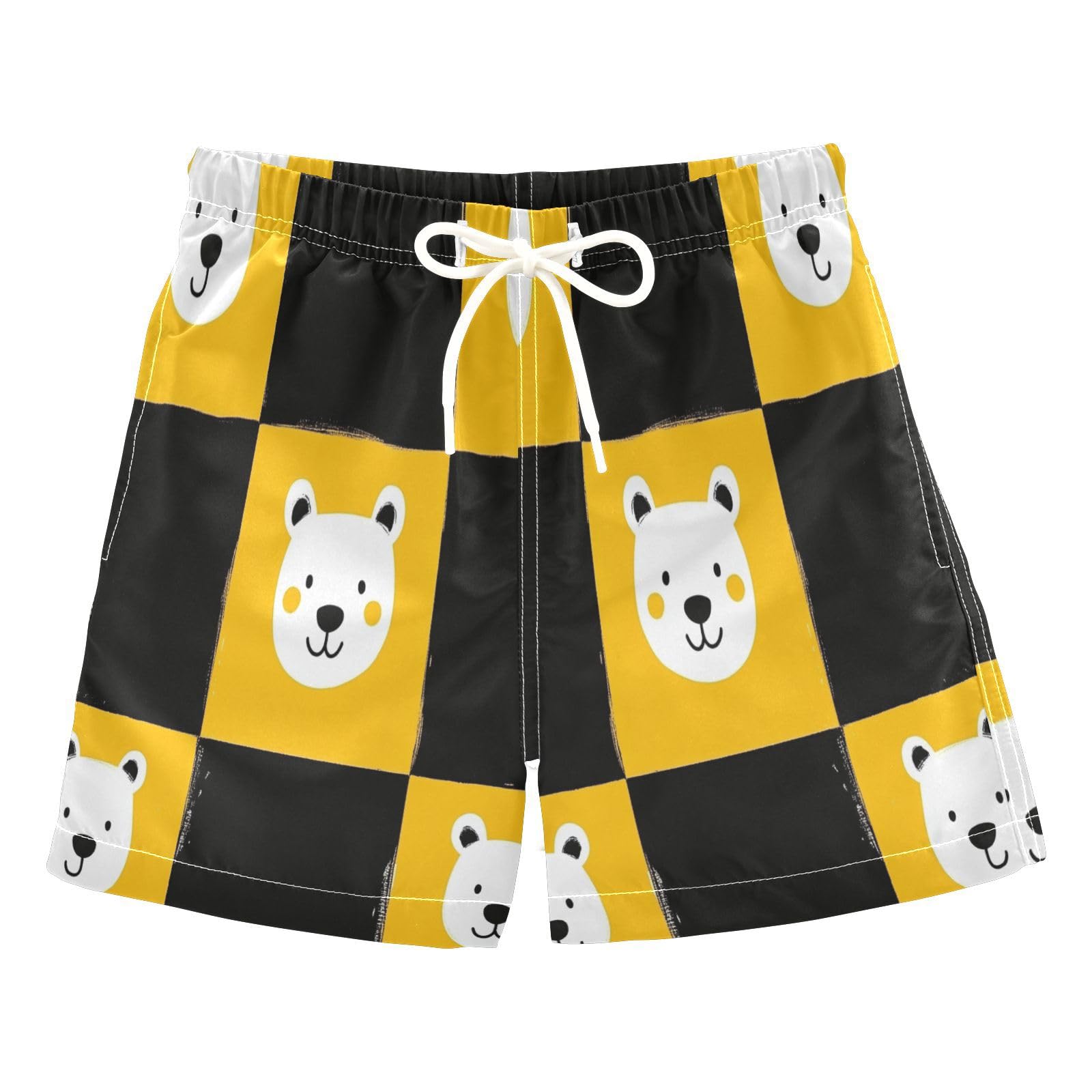 Jucciaco Boys Swim Trunk Quick Dry Beach Board Shorts Bear Grid Yellow Cartoon Swimwear for Kids