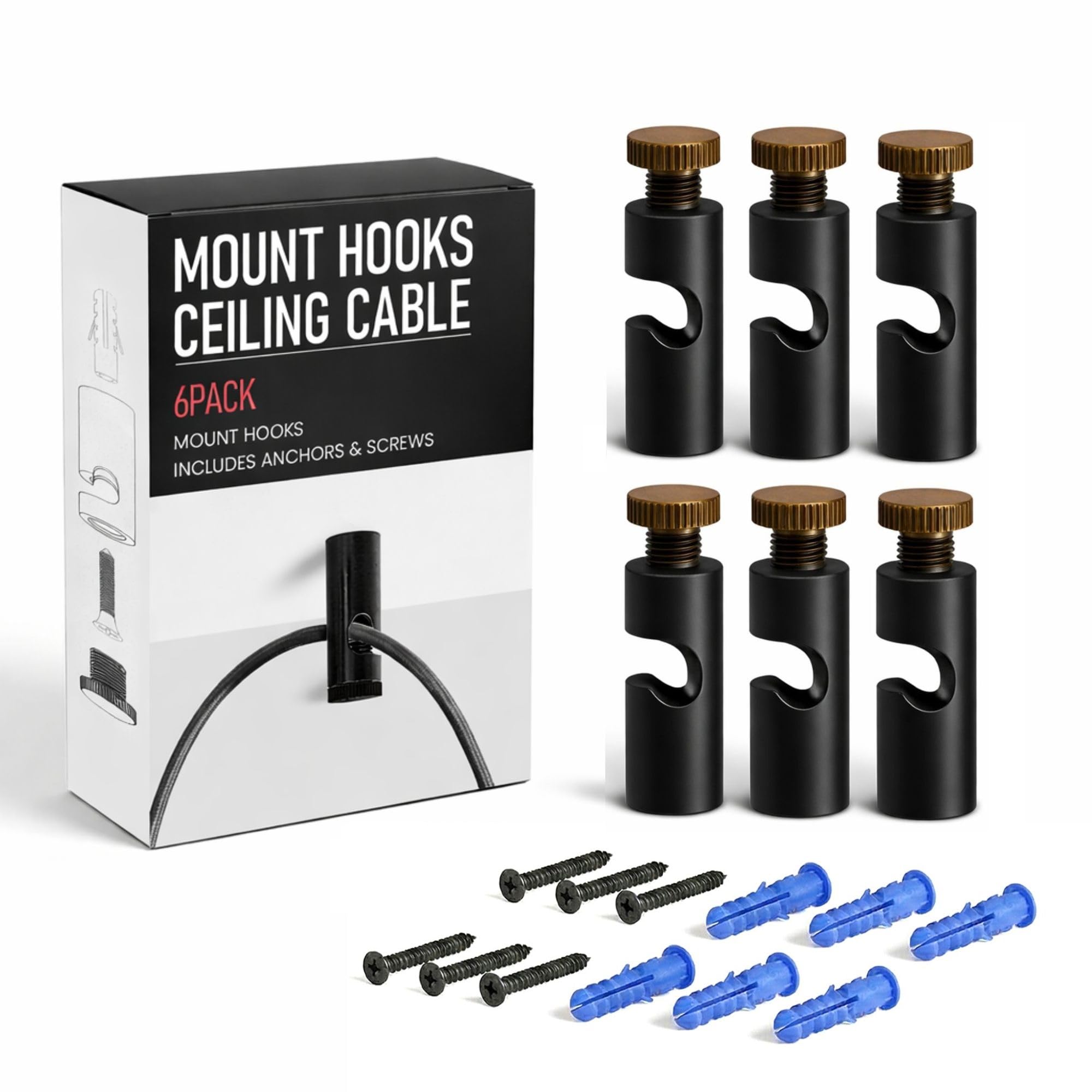LEDSone 6 Pcs Ceiling Cable Mount Hooks for Swag Chandelier and Spider Lighting Minimalist Cord Keeper Easy Fit Metal Hook with Screw for Pendant Light Cable