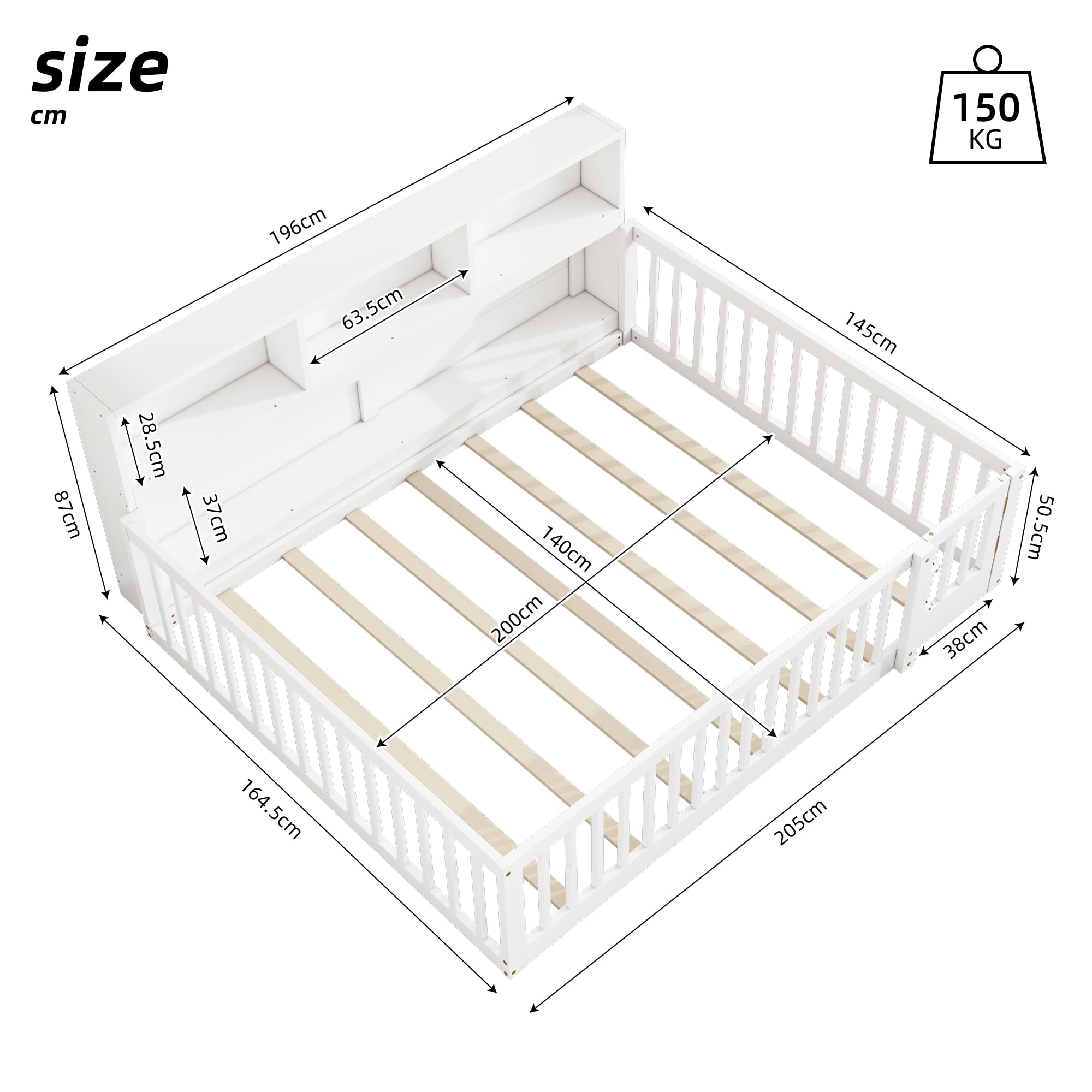 Letto da pavimento per bambini, 140 x 200 cm, con rete a doghe e protezione anticaduta, lato letto con scomparti multipli, stile semplice, per ragazzi e ragazze, in legno di pino, bianco