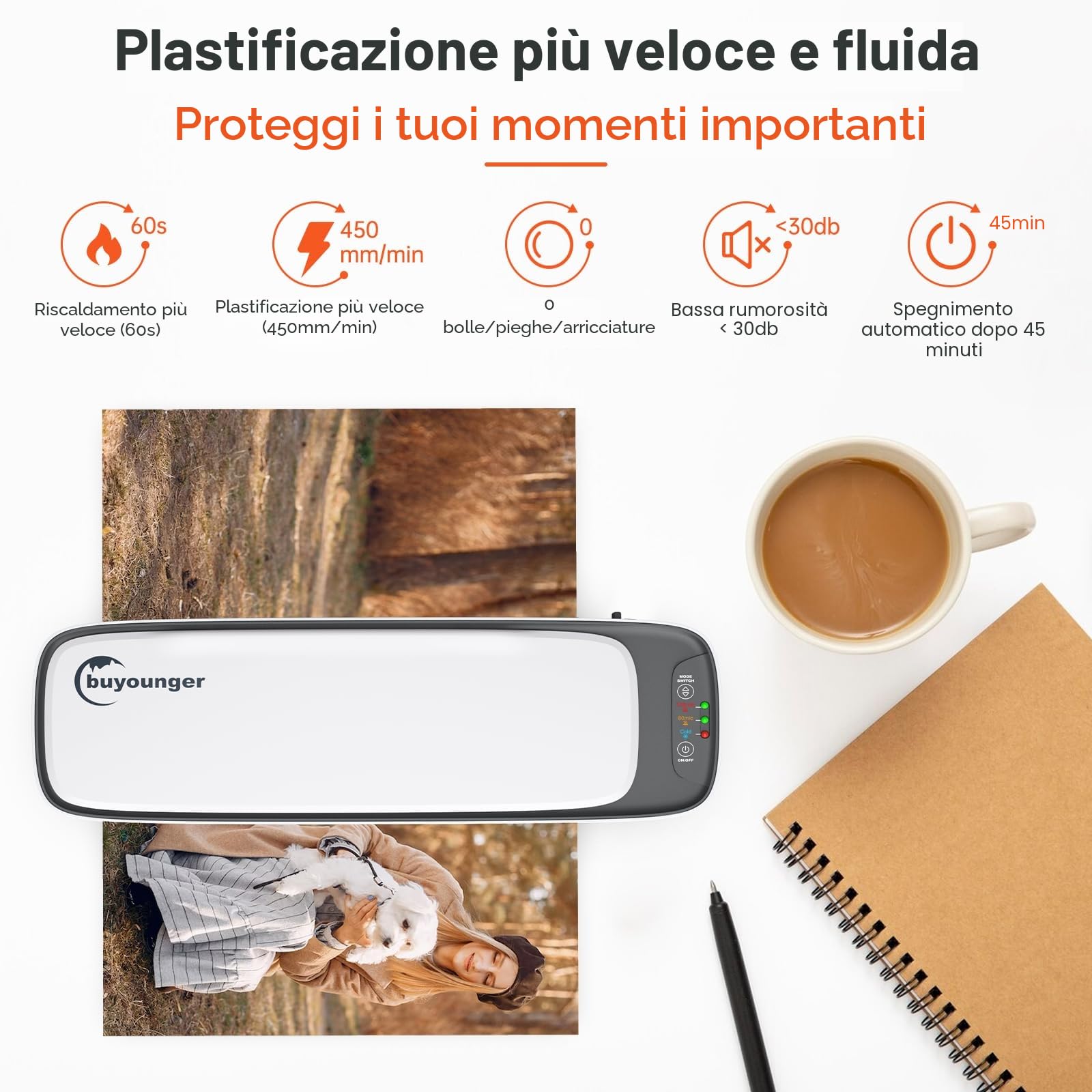 Plastificatrice,Plastificatrice A3 A4 A5 A6,Laminatrice a Freddo e Caldo con 25 Buste, Rilascio Inceppamento in ABS, 1 Taglierino, 1 Arrotondatore per angoli per Scuola, Casa, Ufficio, Documenti, Foto