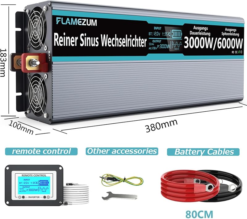 SUDOKEJI 3000W Tiszta Szinuszos Feszültségátalakító 12V-230V Inverter Távirányítóval LED Kijelzővel Autóba Lakókocsiba