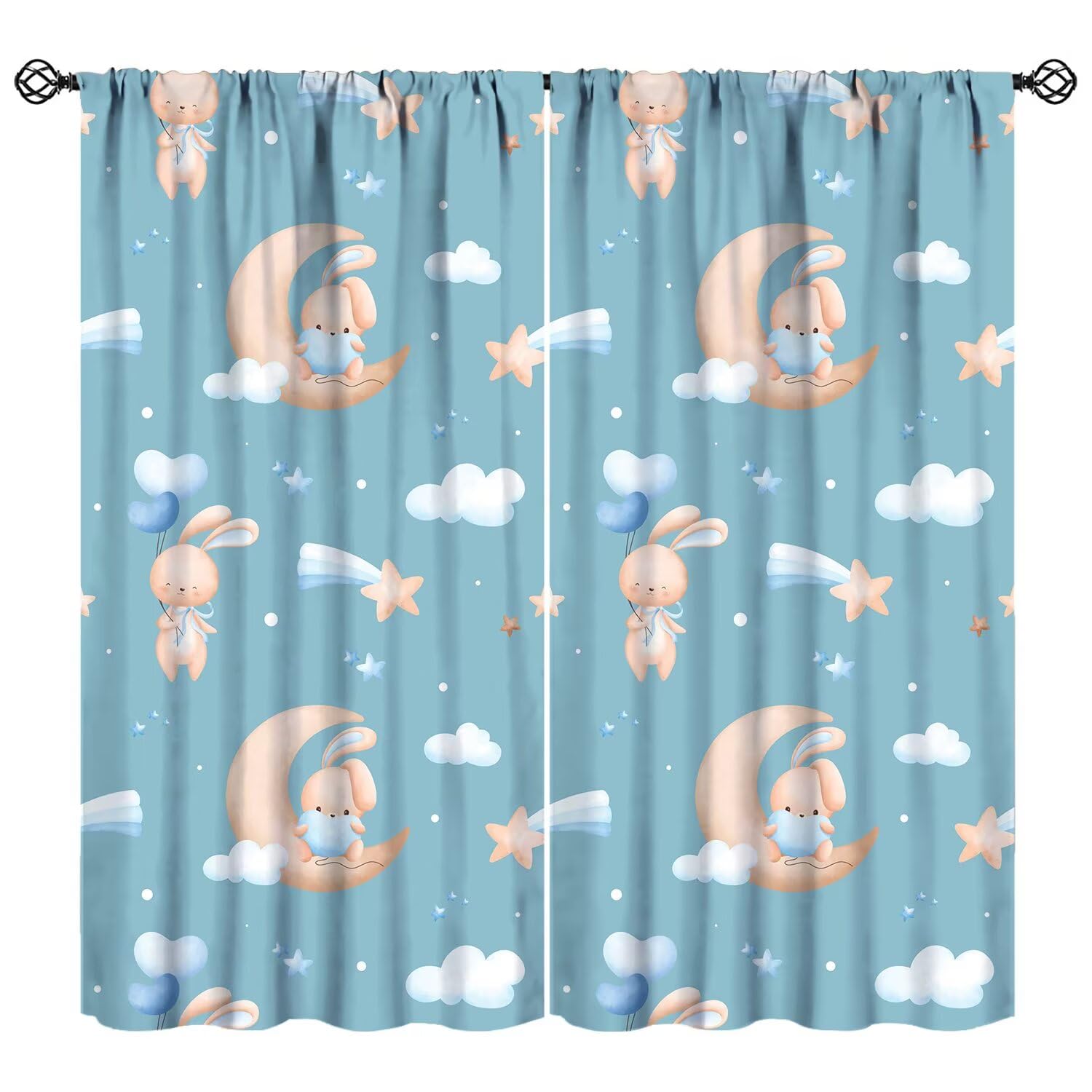 JESTRONRY Cartoon Rabbits Curtains,Kids Boys Girls Cute Lovely Animals Moon Cloud Ballon Pattern Print Window Treatments for Baby Bedroom Nursery Drapes 72" W X 63" L (Blackout)