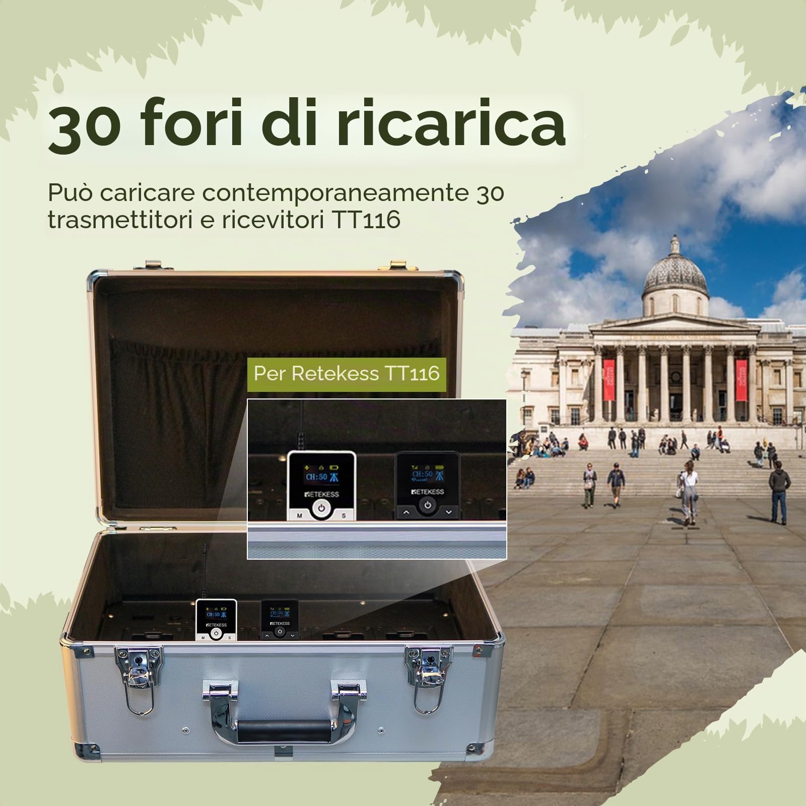 Retekess TT116 Sistema di Guide Turistiche, Audio Tour Guide System, 200 m, con Scatola di Ricarica a 30 Fori, per Turismo, Visite Aziendali (1 Trasmettitore e 36 Ricevitori)