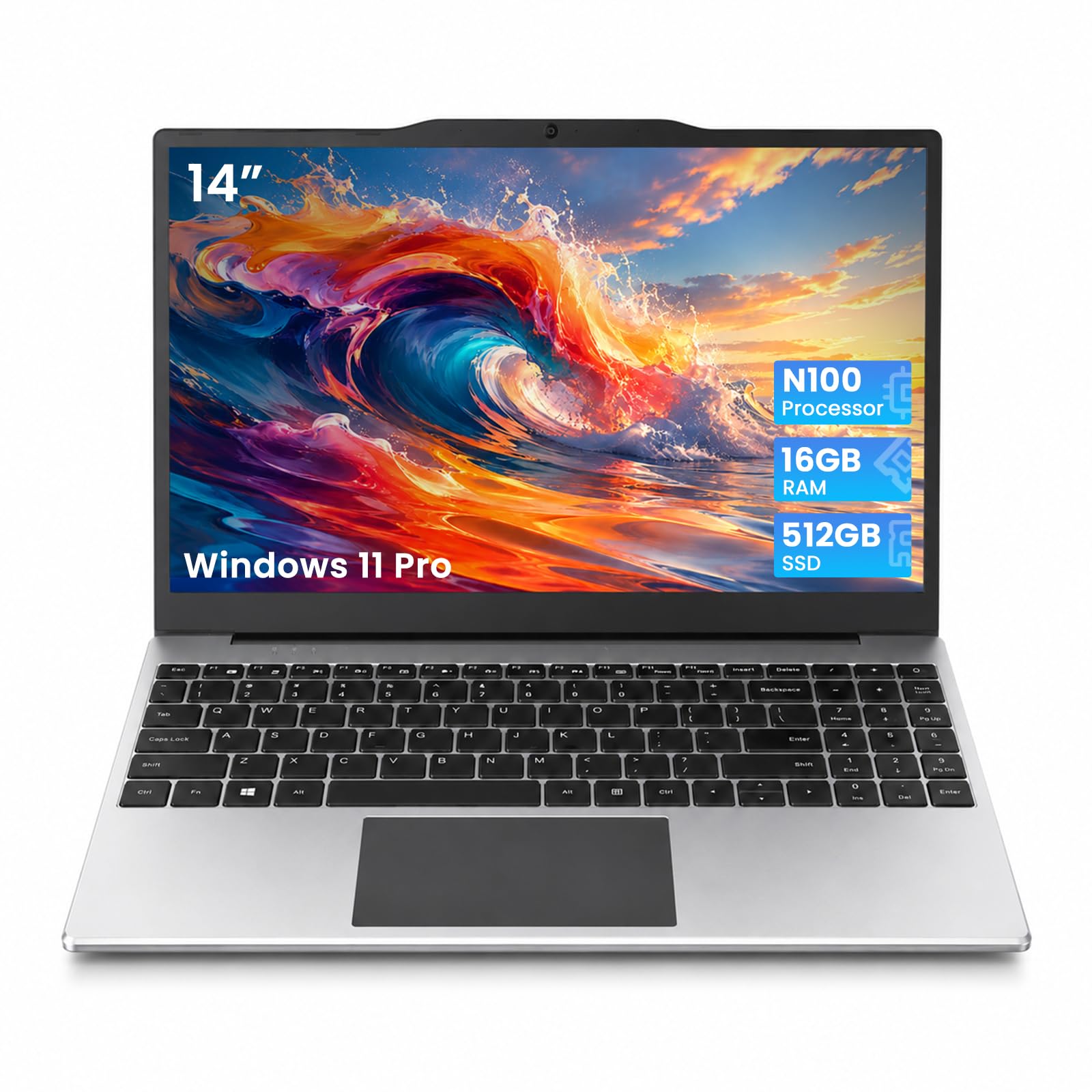 PC Portatile 14 Pollici, Notebook con Processore N100 fino a 3,4 GHz, 16 GB RAM DDR4, SSD 512 GB, Display IPS FHD, USB-C, Win 11 Pro, WiFi 5, HDMI, Laptop Leggero per Lavoro e Studio
