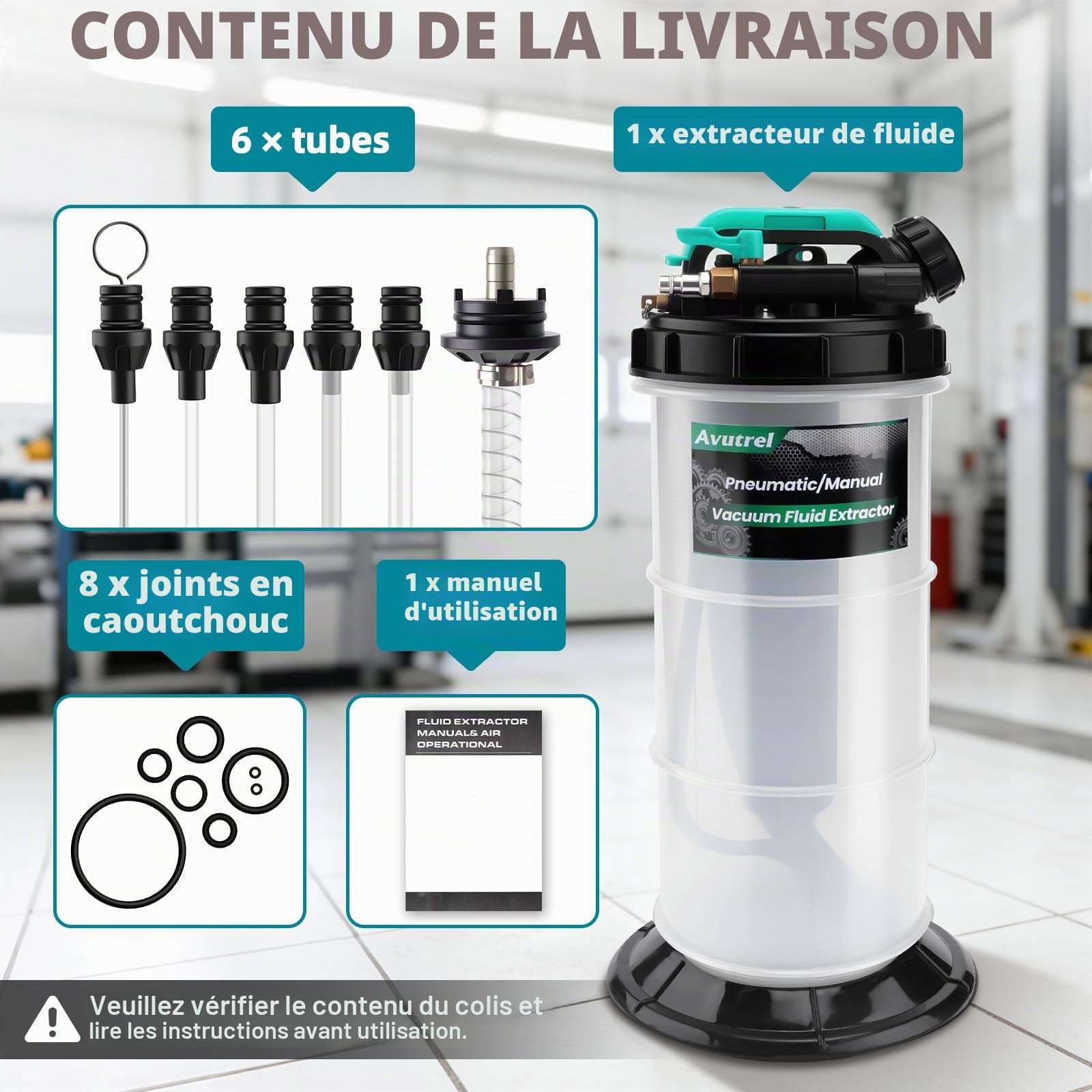 5.3L Pompe à Vide d'Aspiration Vidange d'Huile Moteur, Manuelle et Pneumatique Pompe a Huile, avec 6 Tuyaux et Soupape de Sécurité, Pompe d'Aspiration d'Huile pour Moteur, Transmission