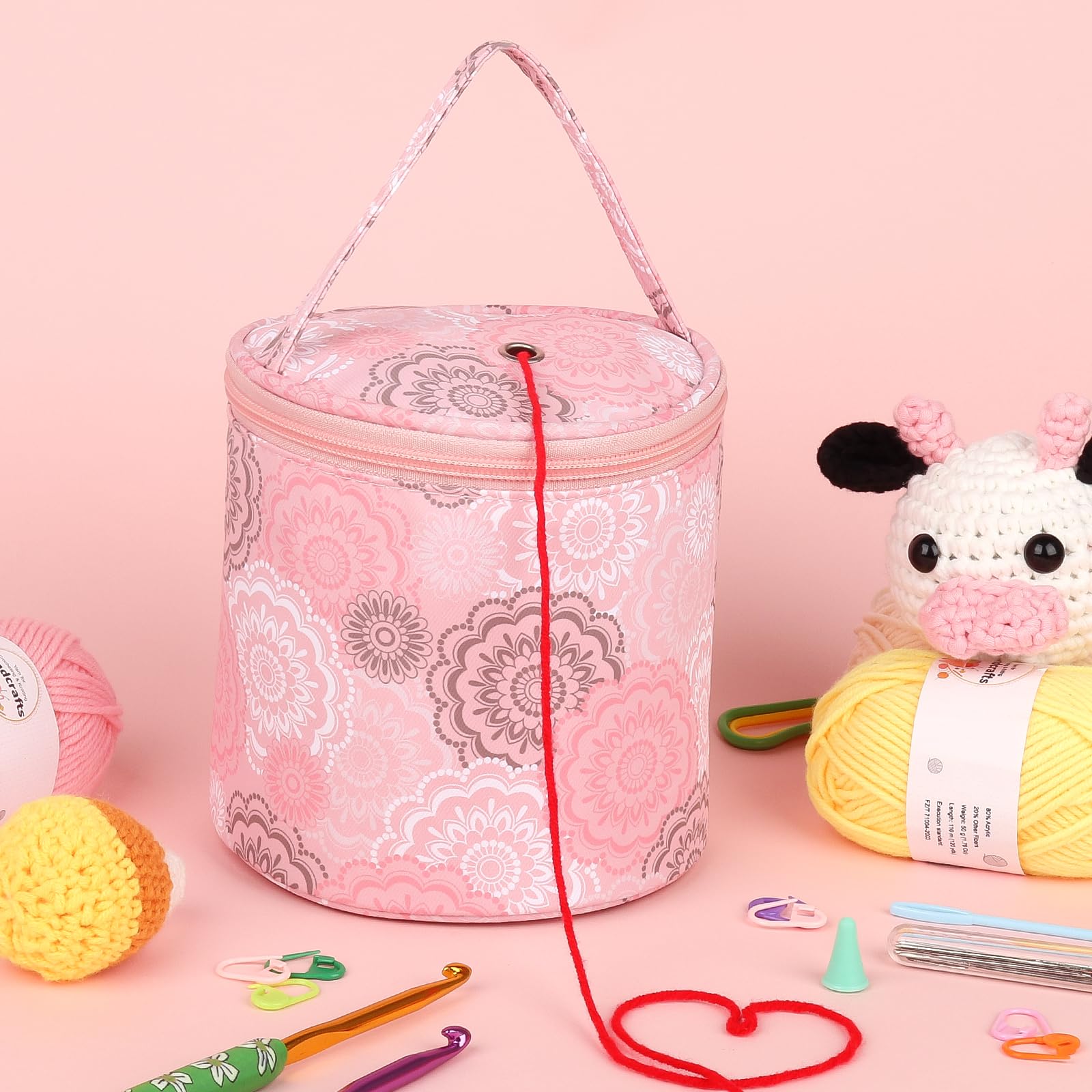Sac De Rangement Pour Fil à Tricoter - Petit Sac Rond Avec Trou Pour Fil, Portable, Dimensions 14,5x15 Cm, Rose