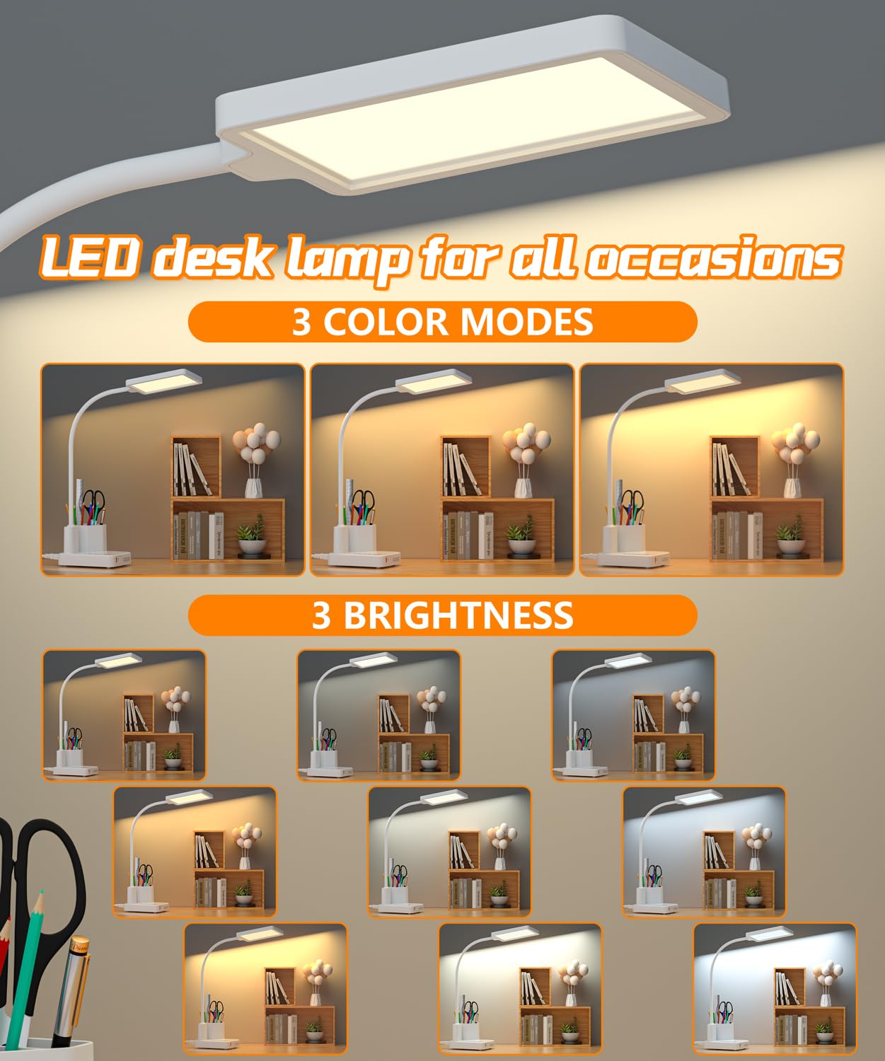 Lampada da scrivania, lampada da scrivania a LED per casa e ufficio, con 2 porte USB di ricarica/presa/organizer, lampada da scrivania per dormitorio universitario, lampada da tavolo a collo di cigno