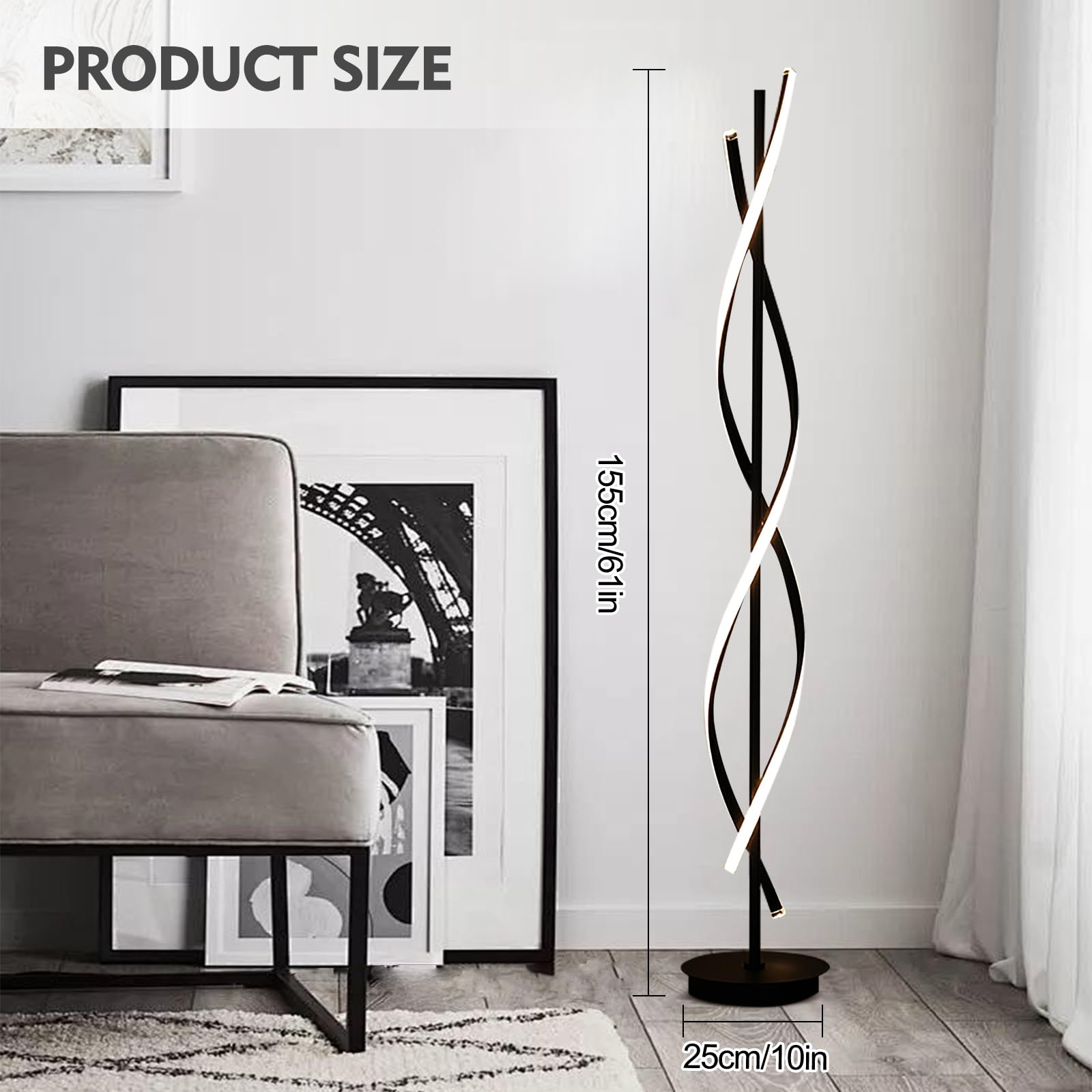 LED Stehlampe Wohnzimmer Dimmbar,LED Spirale Modern 155cm Schwarz mit Fernbedienung - Dimmbare Stehlampe für Wohnzimmer, Schlafzimmer & Kinderzimmer