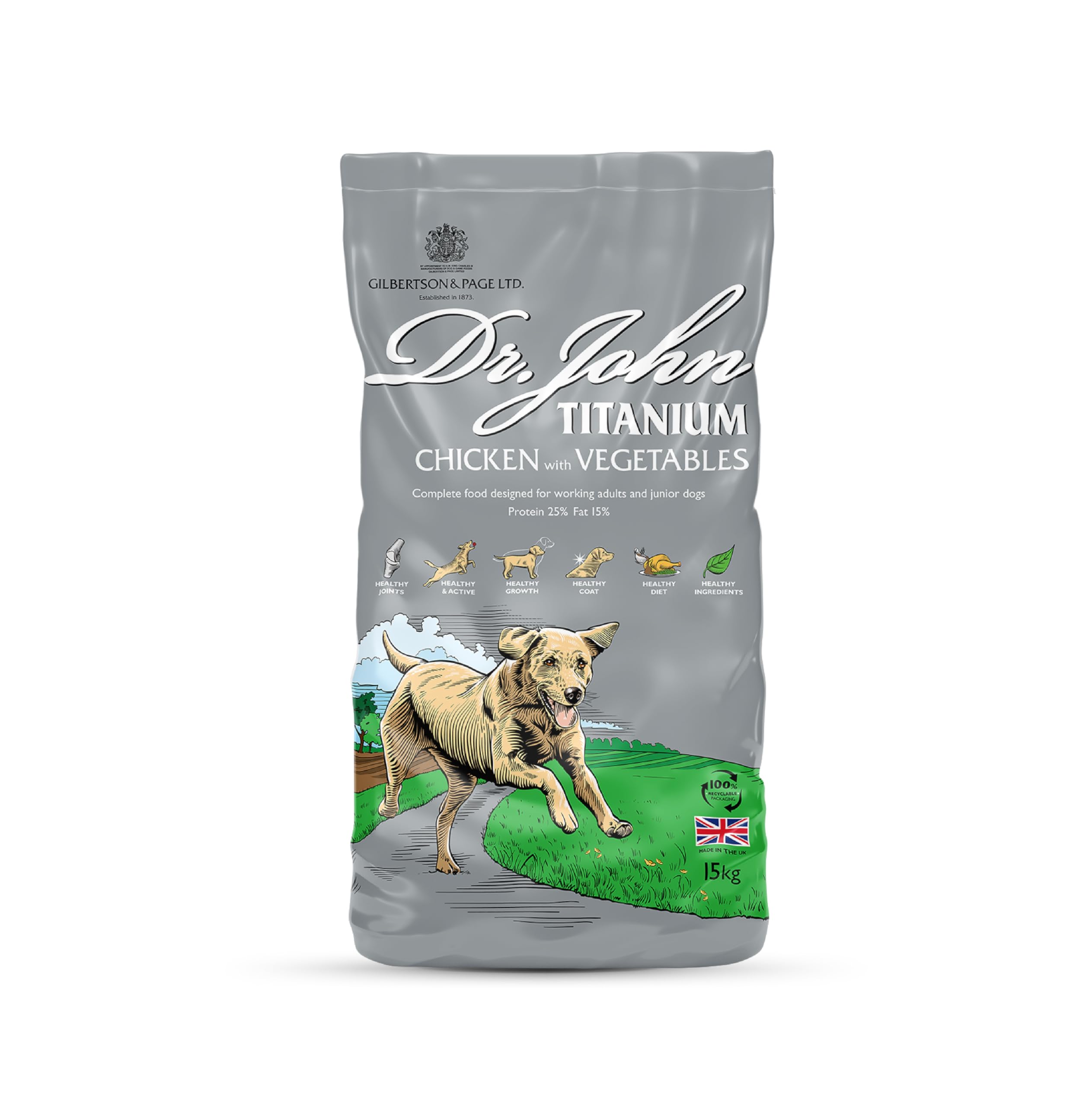 Dr. John Titanium Complete Dry Dog Food 15kg - Chicken, Vegetables and New Zealand Green-Lipped Mussel - Complete Nutrition for Active Adult and Junior Dogs