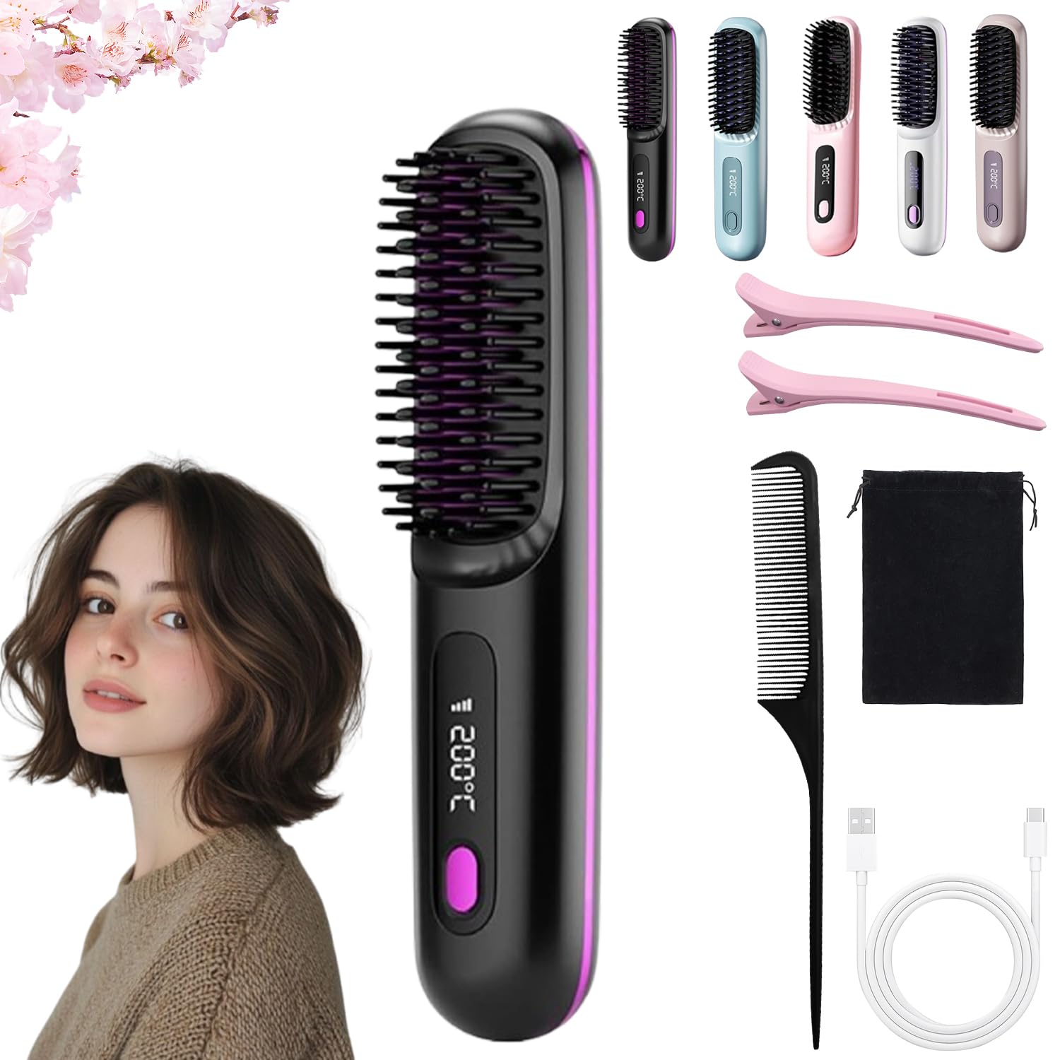 Brosse Chauffante Cheveux Court | Brosse Lissante Rechargeable 2026, 3 Températures, Écran LED – Compacte pour Voyages et Usage Quotidien (1,noir)