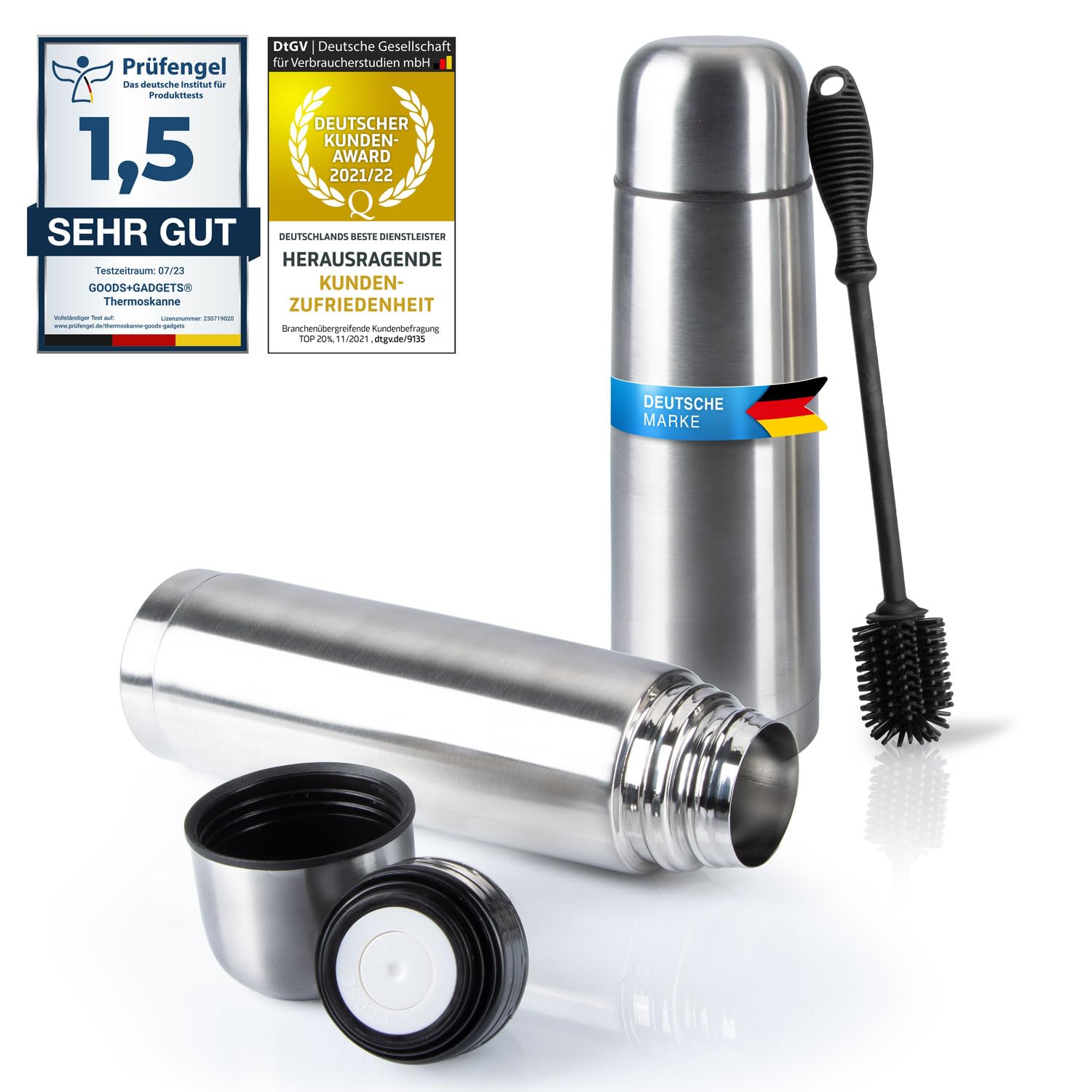 Roestvrijstalen thermosfles Dubbelwandige vacuümkan met beker & borstel; lekvrij, vaatwasmachinebestendig & BPA-vrij reinigingsborstel; houdt drankjes warm & koud (Zilver, 500 ml