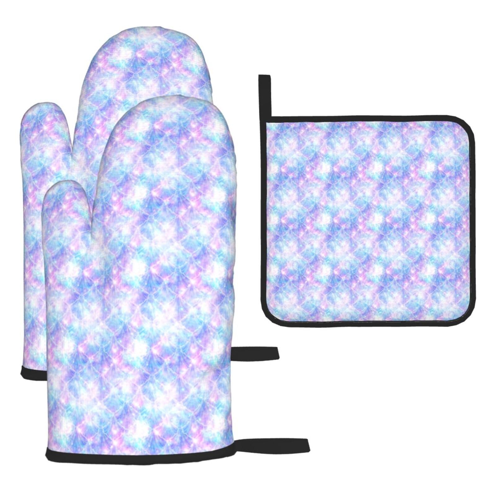 Mermaid Scale Print Oven Mitts Kitchen Gloves Set Everyday Baking Grilling Microwaving Cooking Gift