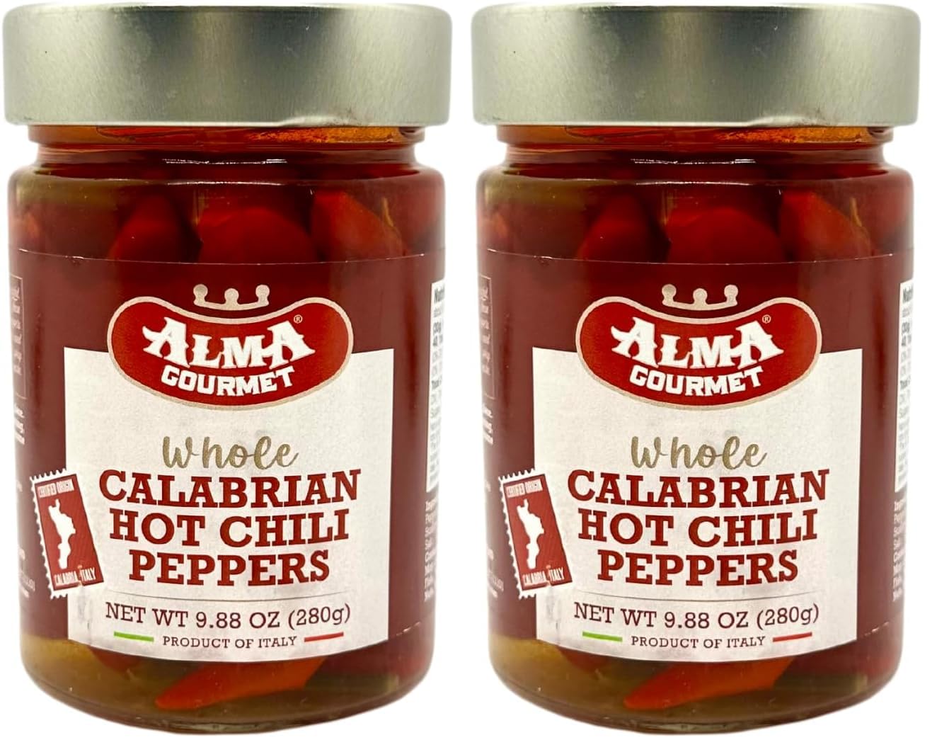 Alma Gourmet Whole Calabrian Hot Chili Peppers In Oil Imported From Italy - Certified Authentic Italian Peperoncino Calabrese - 9.88oz (280g) Glass Jar (Pack of 2)