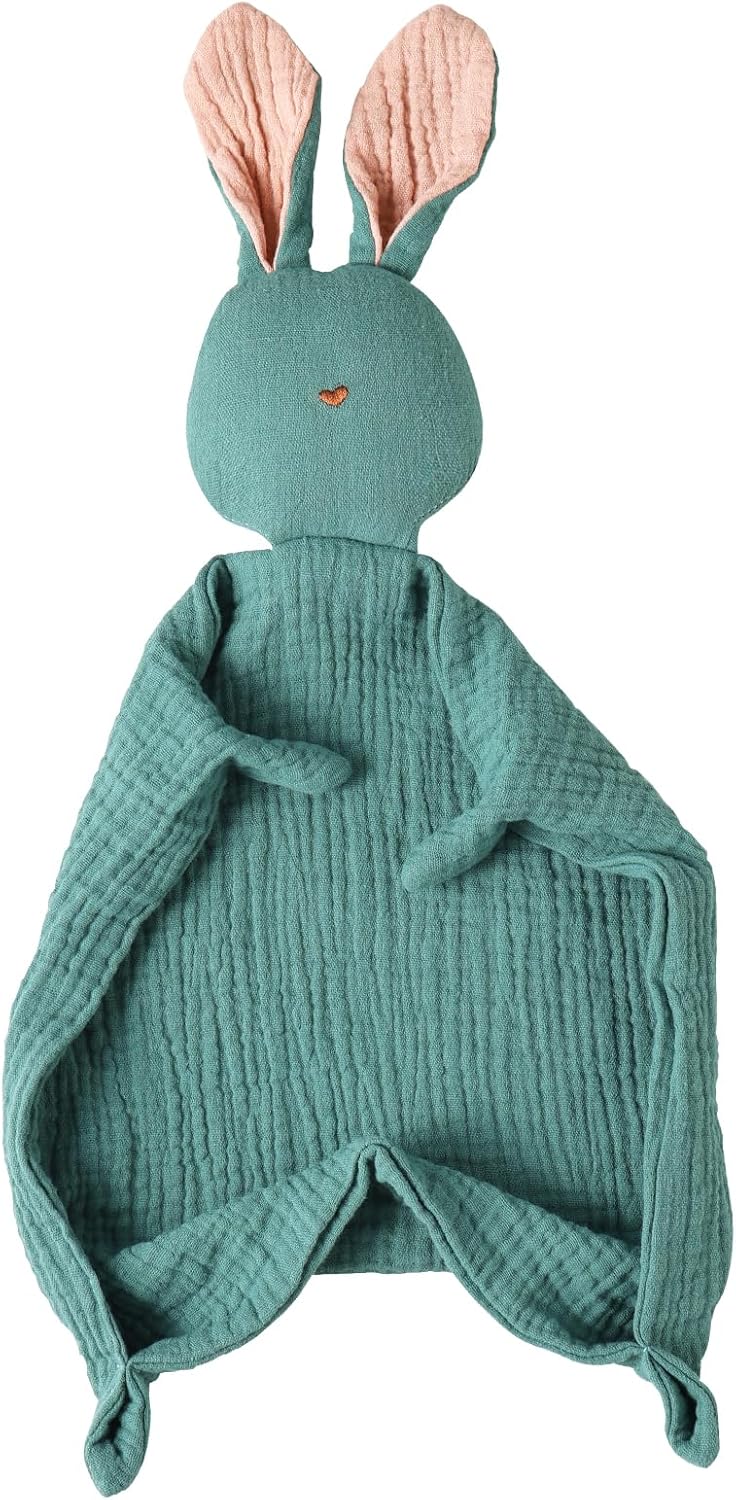 insular Bunny Lovey Blanket for Boys and Girls, Organic Cotton Muslin Security Blanket for Babies, Soft Breathable Lovie Soothing Towel for Newborn and Infant, Green