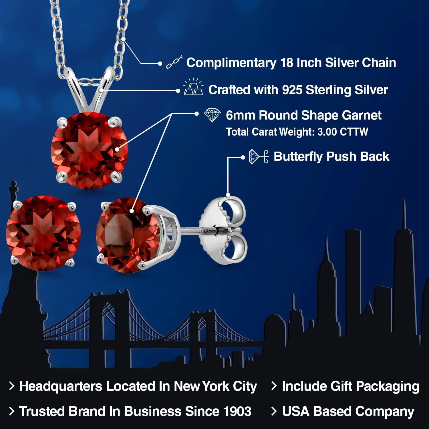 Gem Stone King 3.00 Cttw Red Garnet Stud Earrings Pendant Necklace Jewelry Set For Women | 925 Sterling Silver | Gemstone Birthstone | Round 6MM | With 18 Inches