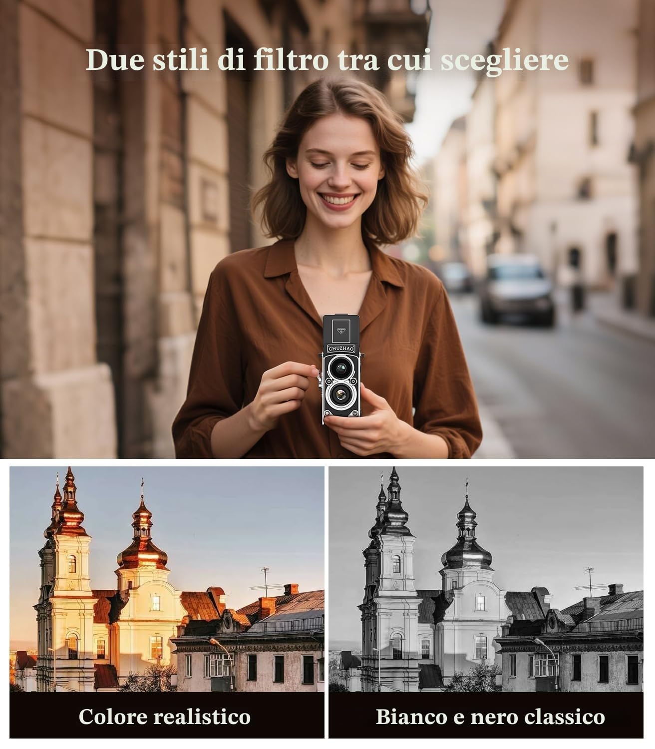 CHUZHAO Mini fotografica retrò vintage 12 MP 1080P FHD fotocamera digitale TLR autofocus fotografiche con scheda di memoria da 16 GB macchina fotografica portatile compatta per bambini, adolescenti