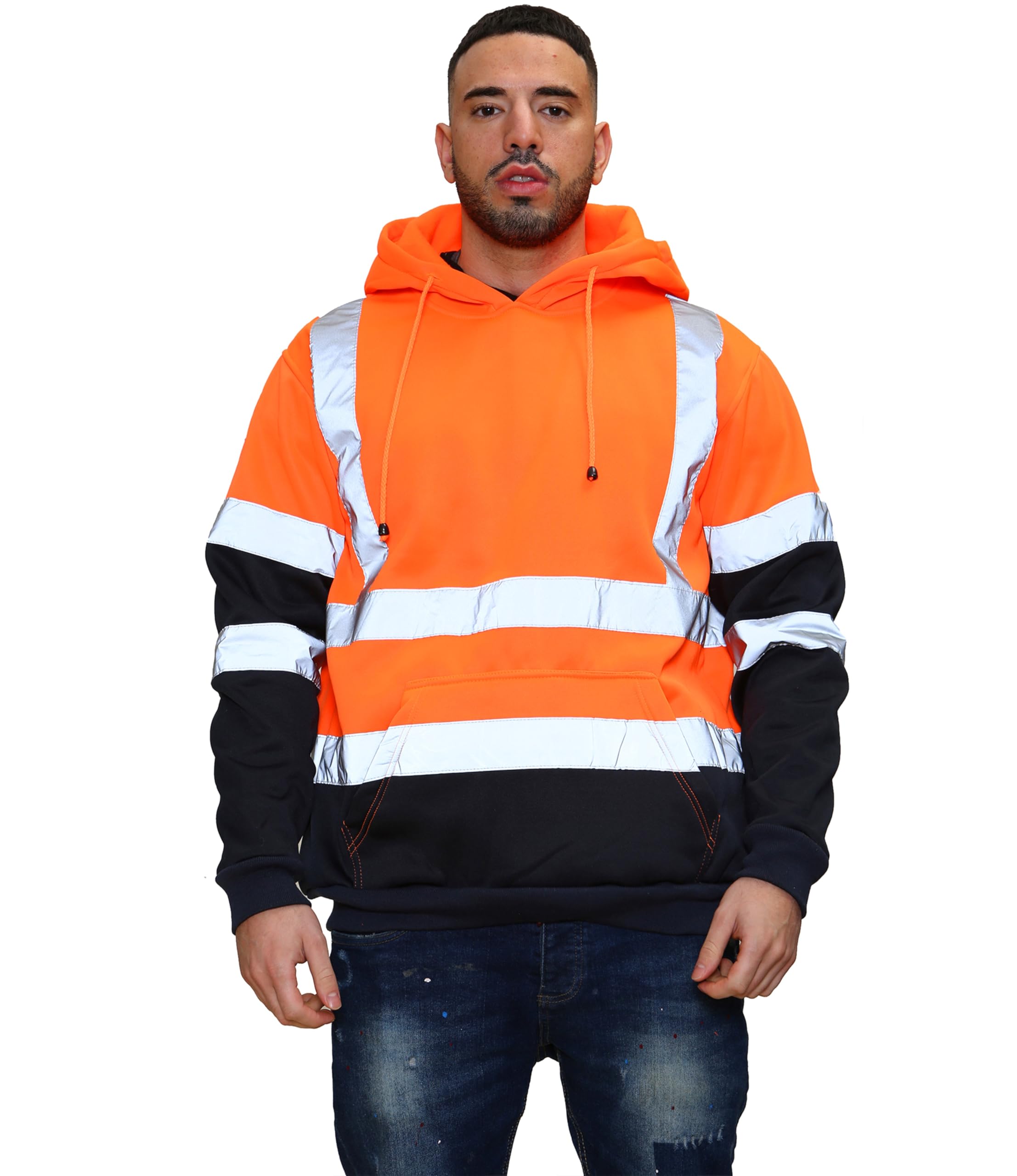 Mega_JumbleSale® Hi Vis Viz Hoodie Pullover Zip Sweatshirt High Visibility Reflective Safety Security Jumper - Workwear Fleece Warm Top (3XL, Orange Navy Pullover HI VIZ)