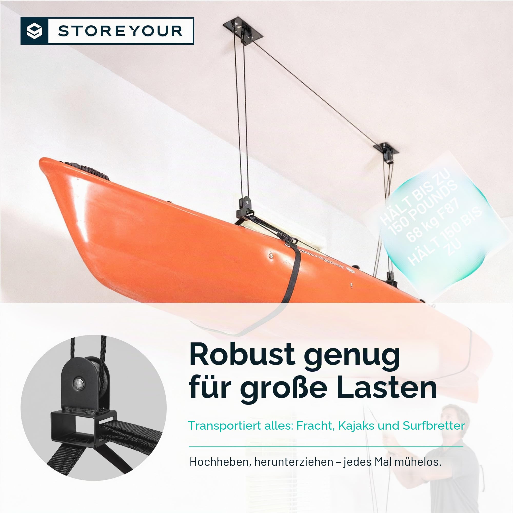 StoreYourBoard Kajak- und Kanu-Decken-Flaschenzugsystem, Garagenhalterung, Lagerheber, strapazierfähig, hält 68 kg, Indoor-Organizer