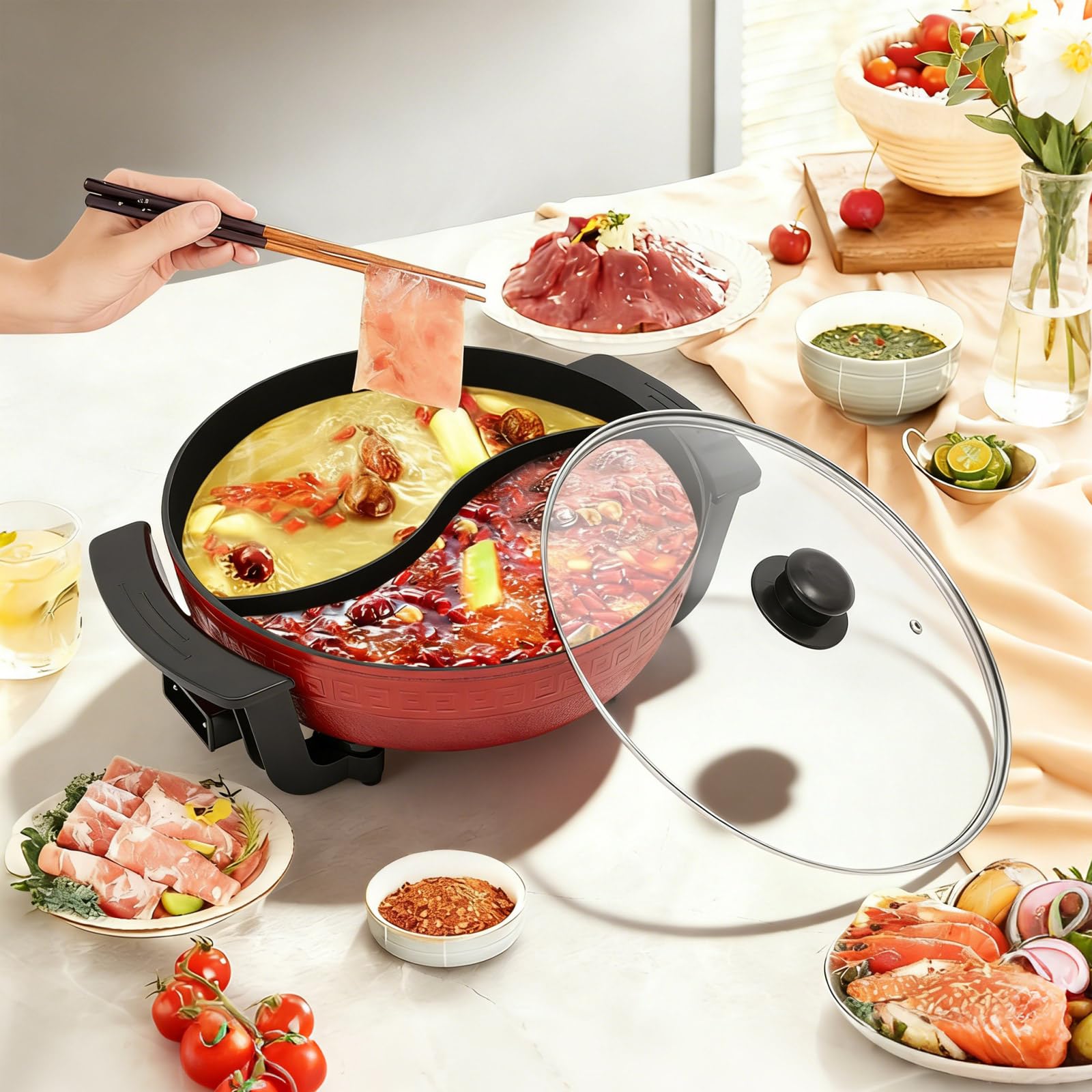 Pentola elettrica calda pentola 6L 1360W 5 livelli, cottura multifunzione friggere boil stew antiaderente, controllo della temperatura, maniglie anti-bruciore, 31 cm, cucina casa, pasto familiare