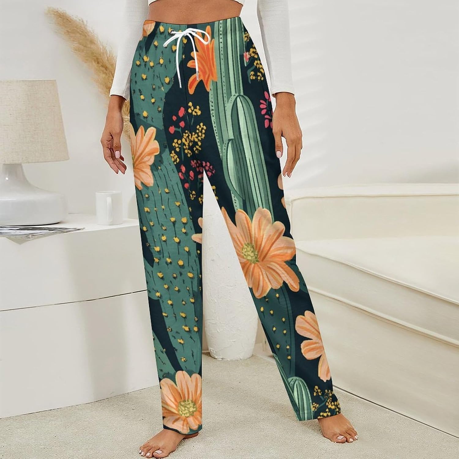 Cactus Floral Plants Women's Pajama Pants Flannel Lounge Bottoms with Pockets Comfy Wide Leg Sleep Pant
