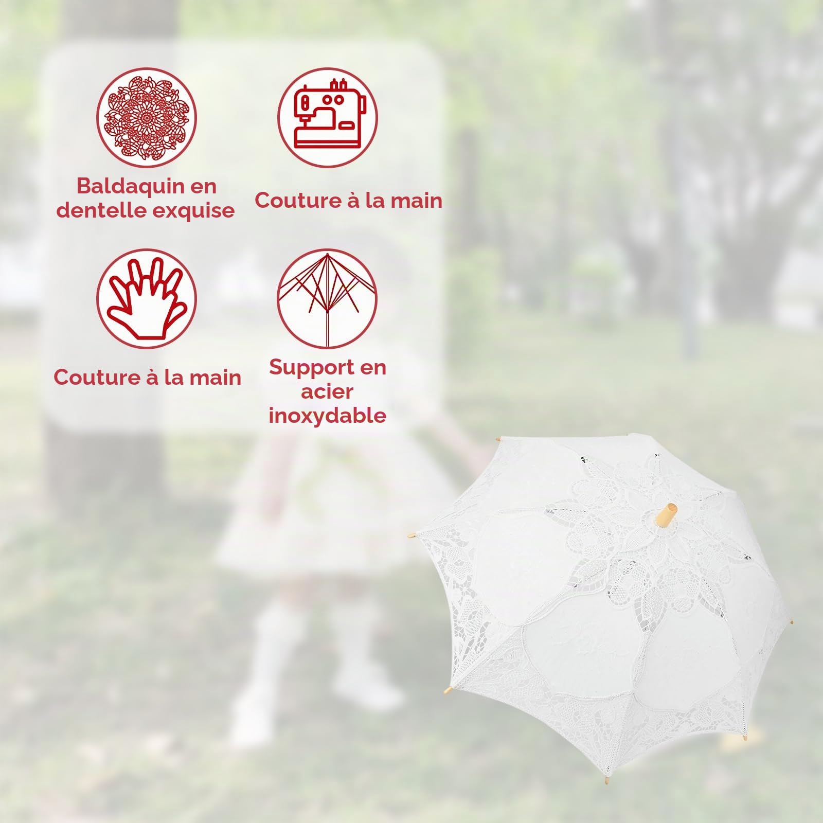 Buachois Dentelle Parapluie Artisanat Fleurs Dentelle Broderie Parapluie Enfants Scène Performance Fête de Mariée Décoration Photographie Scène Props Accessoire(Blanc L)