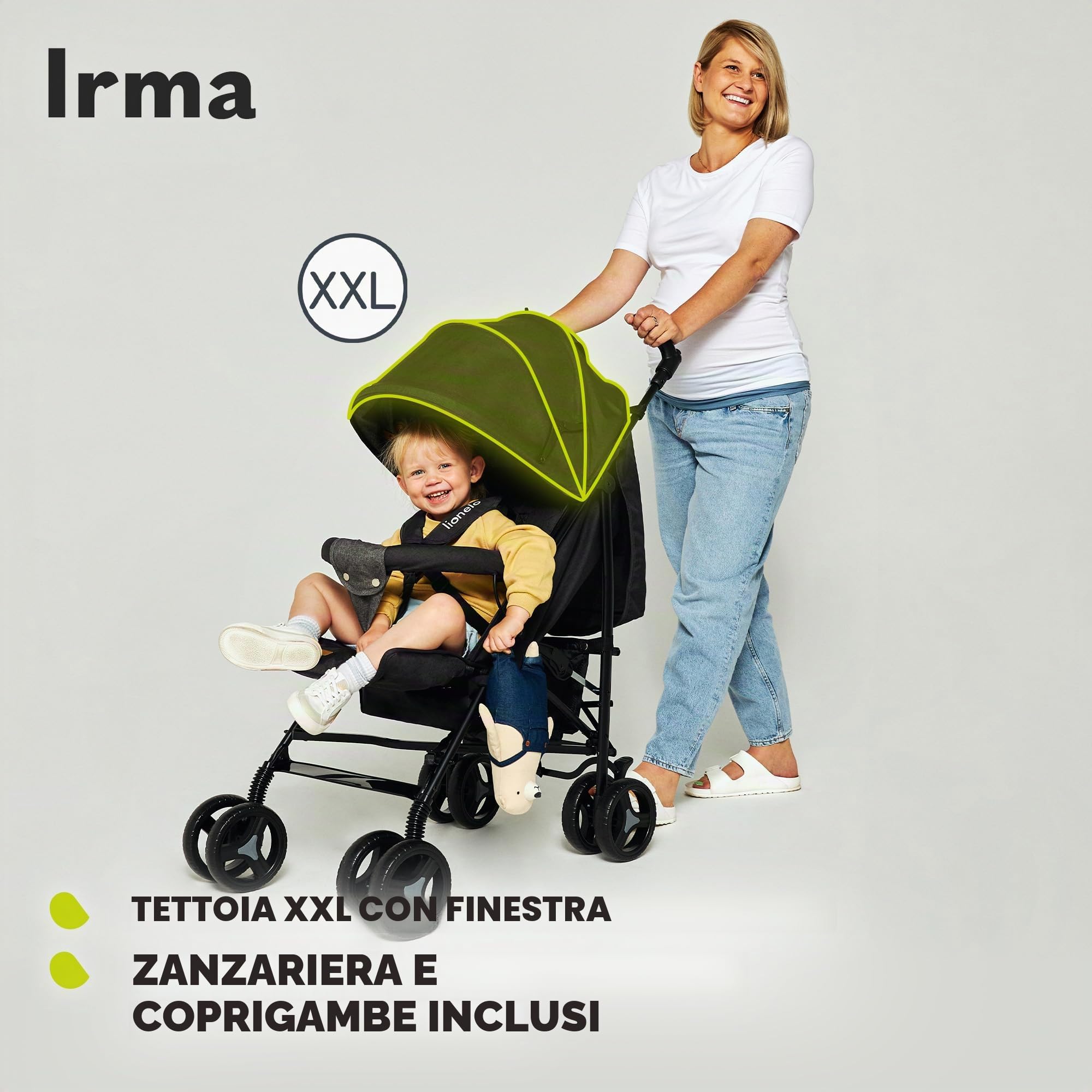 LIONELO Passeggino IRMA leggero e pieghevole per bambini fino a 3 anni, funzione sdraiata, imbracatura a 5 punti, ruote grandi da 6", zanzariera, cestino grande e cappuccio, maniglie girevoli