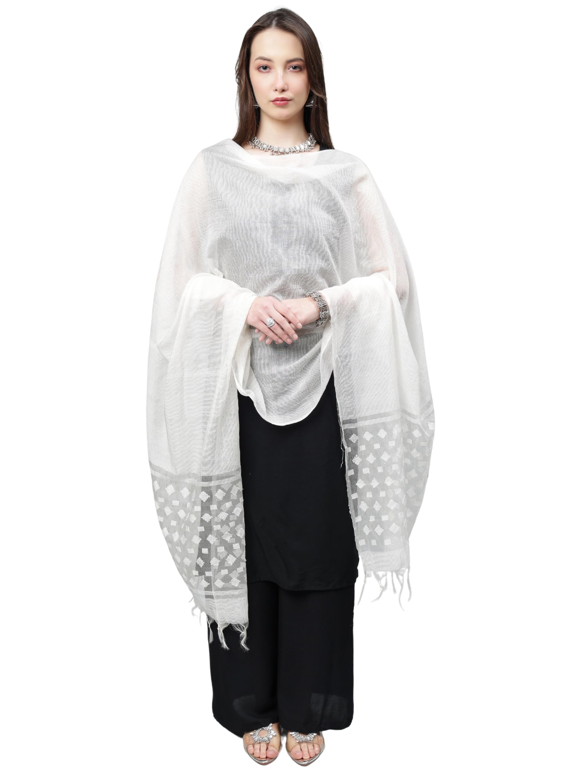 aroopa Women's Self Design Off White Cotton Dupatta (AD_06_a_white_Free Size)-picture-43