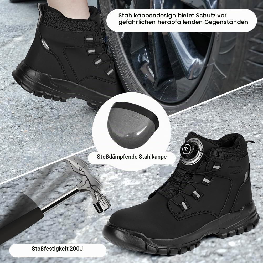 Sicherheitsschuhe Herren Damen, Wasserdicht Stahlkappe Arbeitsschuhe mit Drehknopf, Schnittschutzstiefel, rutschfeste Leicht Knöchelhoch Leder Sicherheitsschuhe Größe 40-46