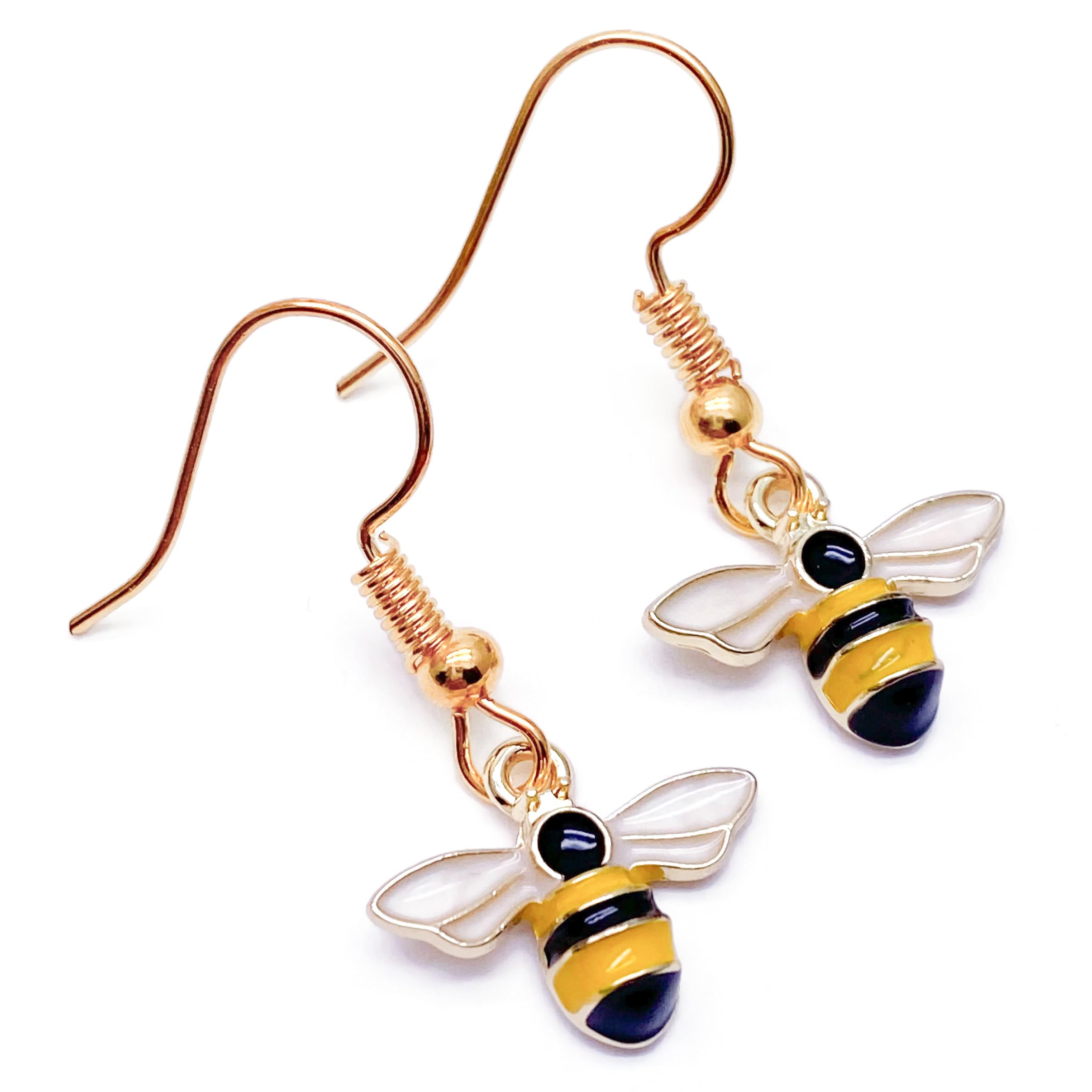 Little Bumble Bee Enamel Charm Earrings, Cute Yellow and Black Enamel Charms on Nickel Free Gold Tone Hooks : 30mm long, Bee Lover Drop Earrings