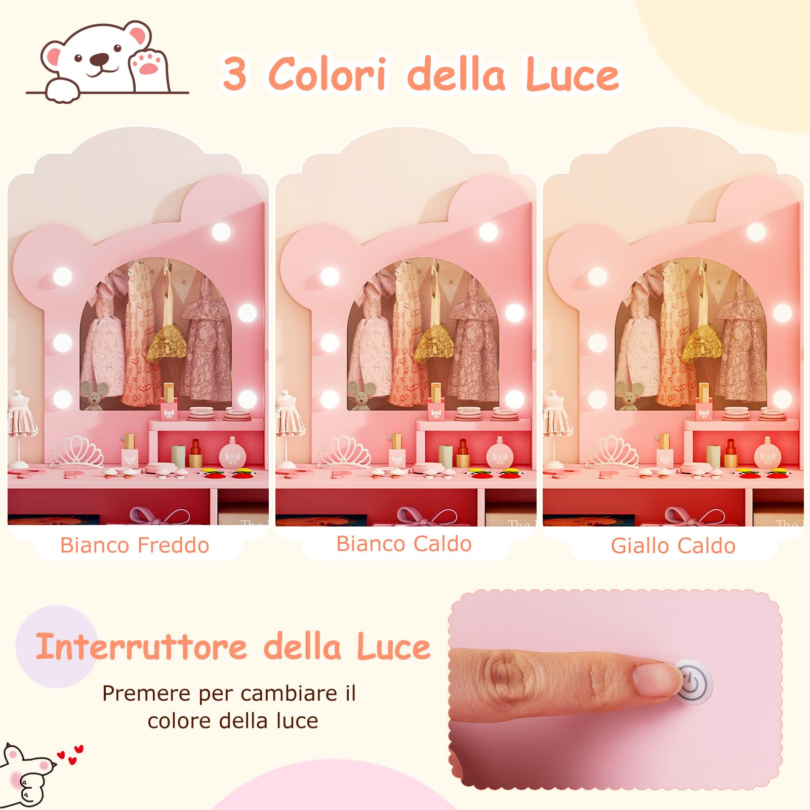 RELAX4LIFE Toeletta Trucco per Bambini con Luci, 3 Colori e Luminosità Regolabile, Set di Tavolo e Sedia on 5 Cassetti e 2 Scomparti, Postazione Trucco per Bambini 3+ Anni (Rosa)
