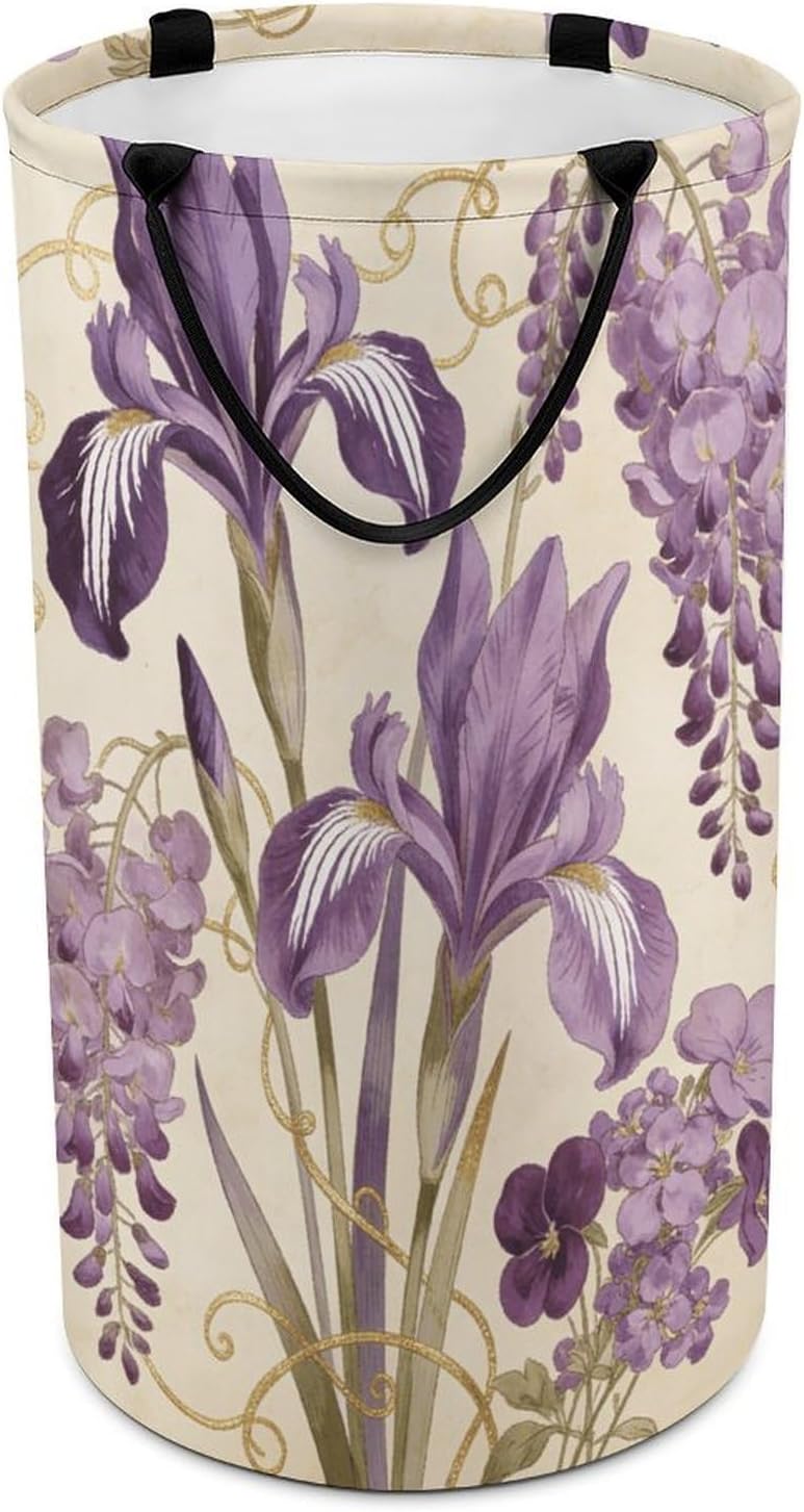 Purple Floral Laundry Hamper with Handles Waterproof Collapsible Laundry Basket Large Lightweight Round Dirty Clothes Hamper for Home Dorm Bathroom Decor