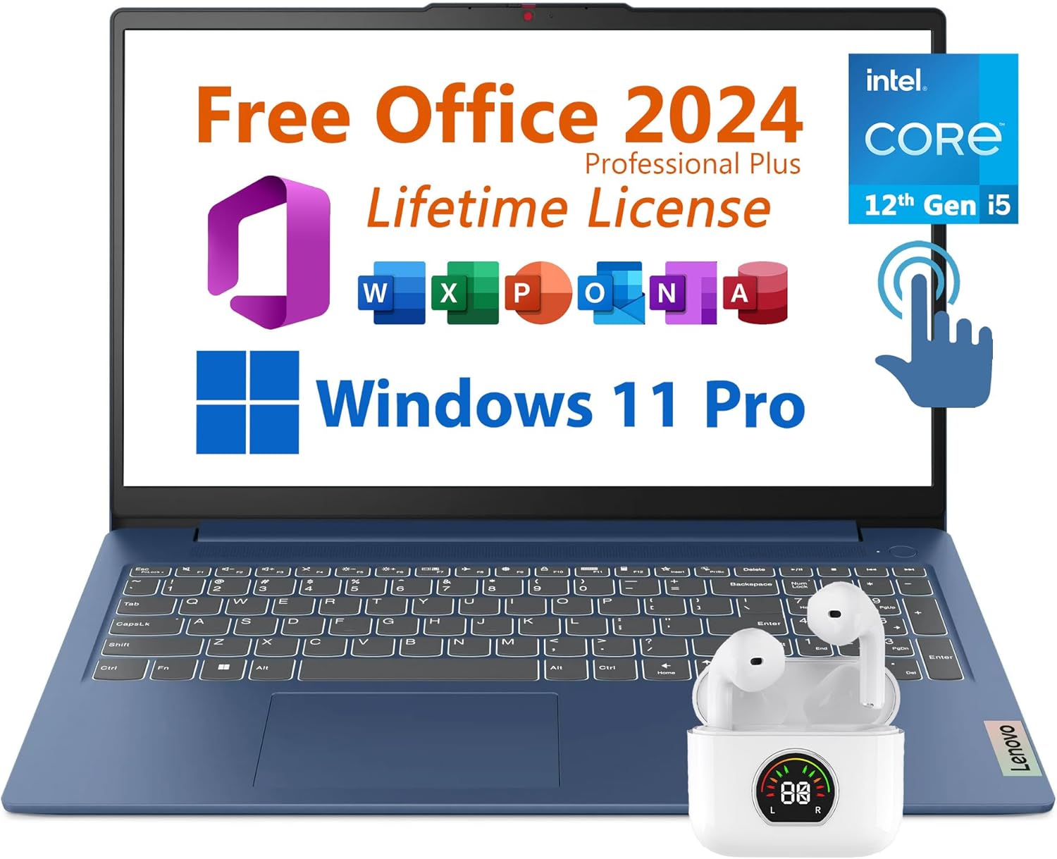 Lenovo 15.6" Laptop, Free Microsoft Office 2024 with Lifetime License, FHD Touchscreen, Intel 10-Core i5-1235U 4.4 GHz, WiFi 6, 40GB RAM, 1TB SSD, 7 hrs Battery Life, Windows 11 Pro, Toree Earbuds