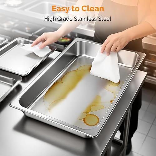 Miniatura 5 de ROVSUN Juego de 6 platos de acero inoxidable de tamaño completo, 8 cuartos de galón, juego de calentador rectangular plateado con bandejas, tapa de