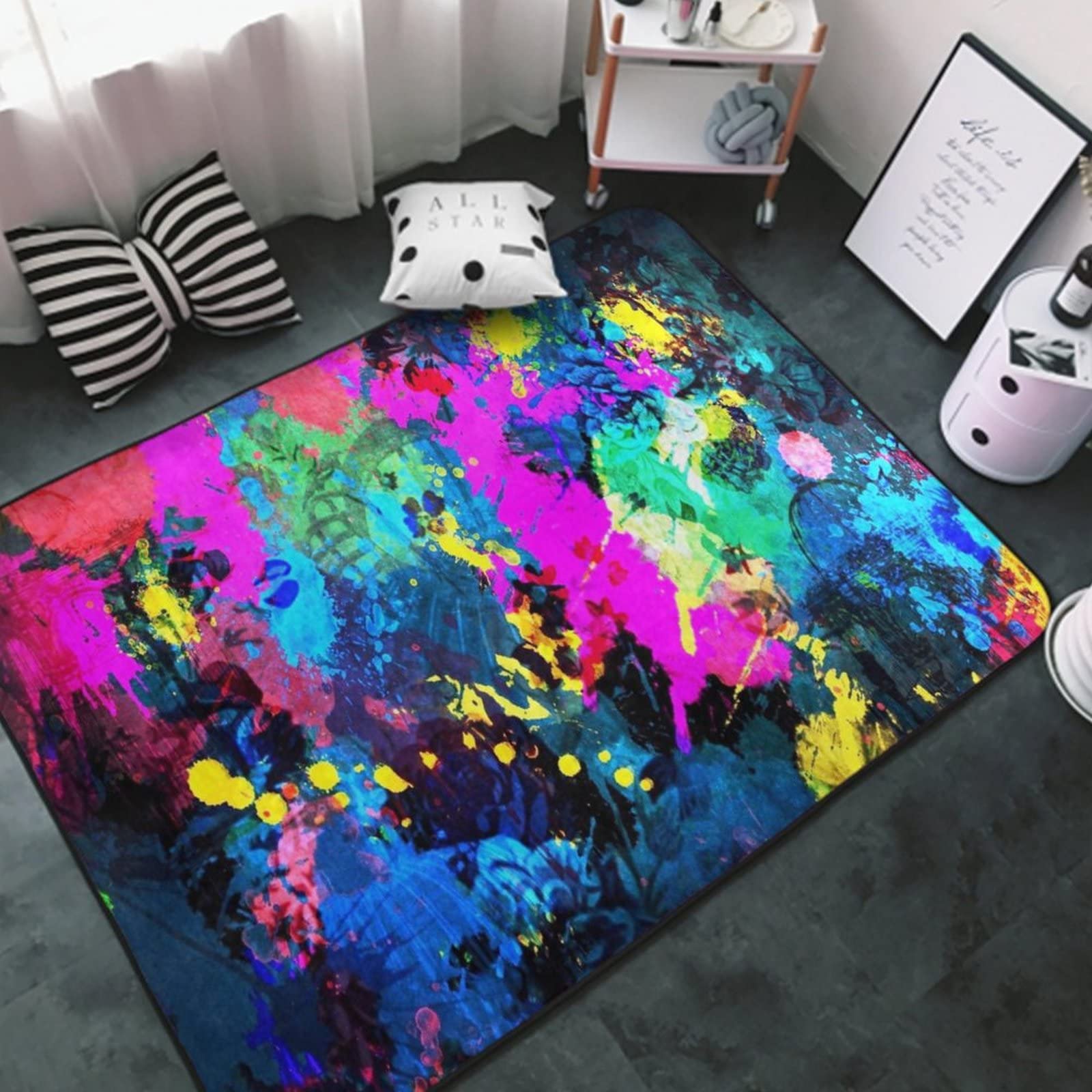 Boys Girls Modern Floor Mat Carpet for Living Room, Comfortable Flannel Area Rug Compatible with Paint Splatter Dark Colorful, Non-Slip Playmat for Indoor Home Decoration Bedroom