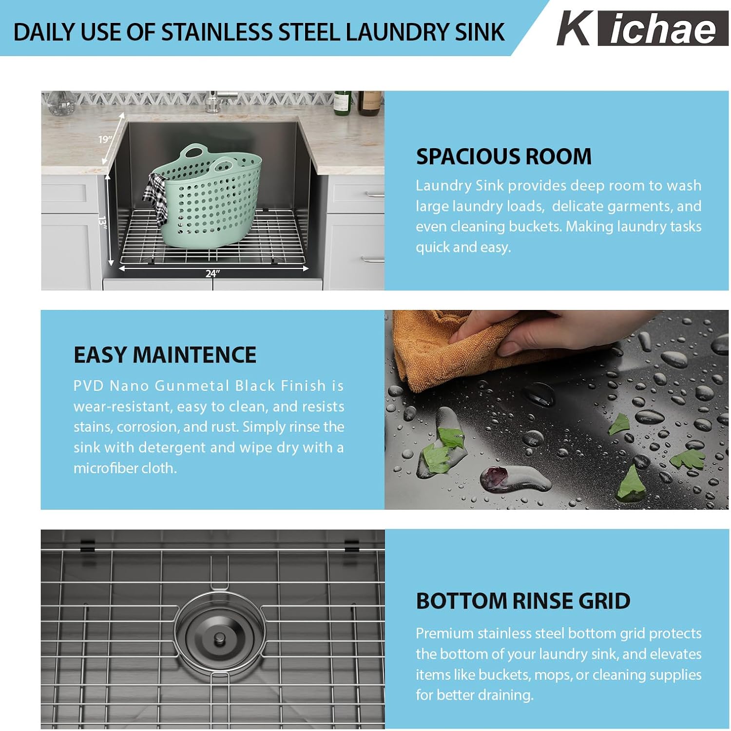Kichae 24 Laundry Sink Undermount - 24”x19" Black Undermount Utility Sink 13" Deep Stainless Steel 16 Gauge Single Bowl Under Counter Handmade Laundry Utility Room Basin