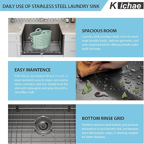 Miniatura 158 de Kichae Fregadero de lavandería de 21 x 18 pulgadas, fregadero de acero inoxidable de 12 pulgadas de profundidad para debajo de la encimera, lavabo