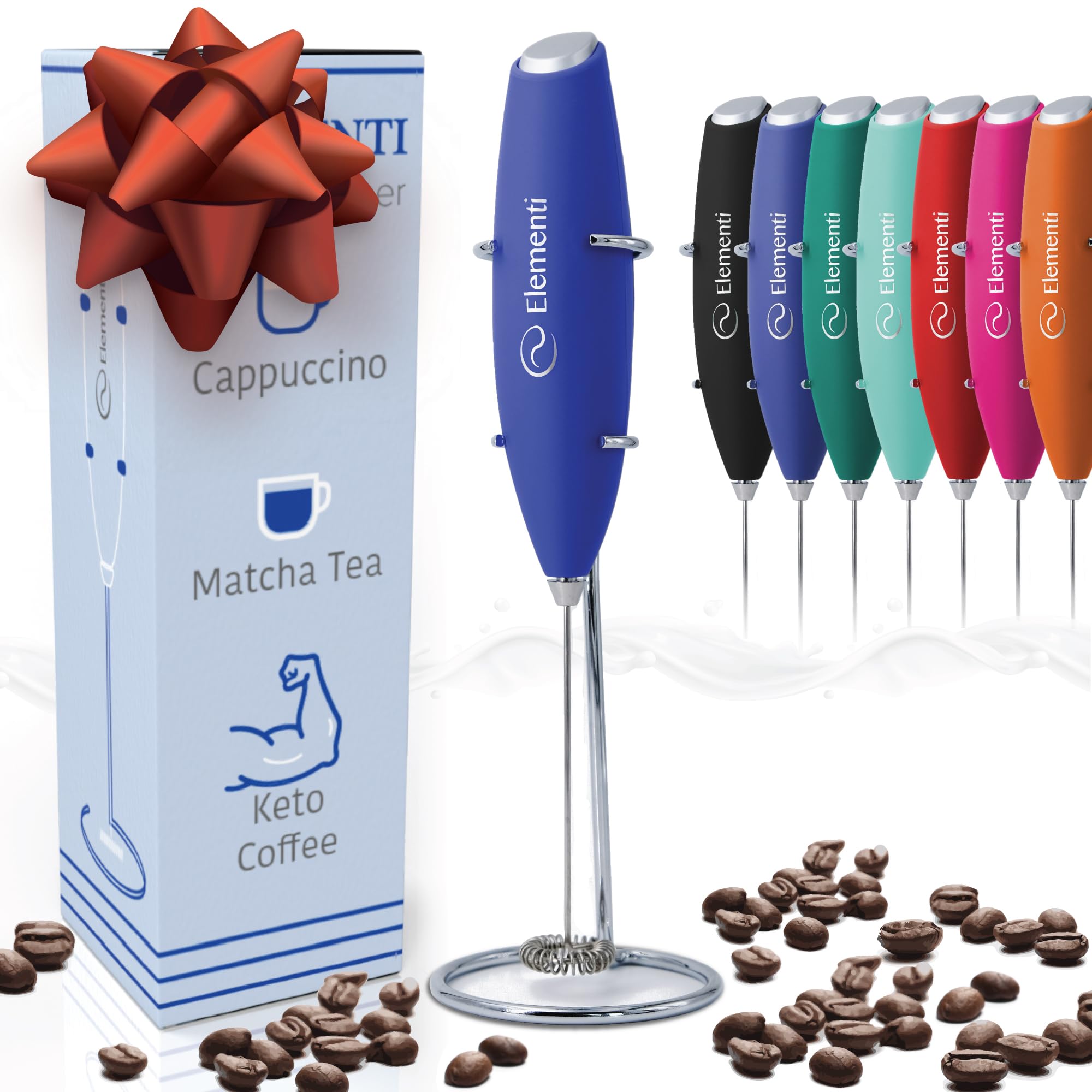 Elementi Electric Milk Frother Handheld - Mini Whisk for Coffee, Matcha and Drinks - Portable Frother &amp; Mixer with Stand (Royal Blue)