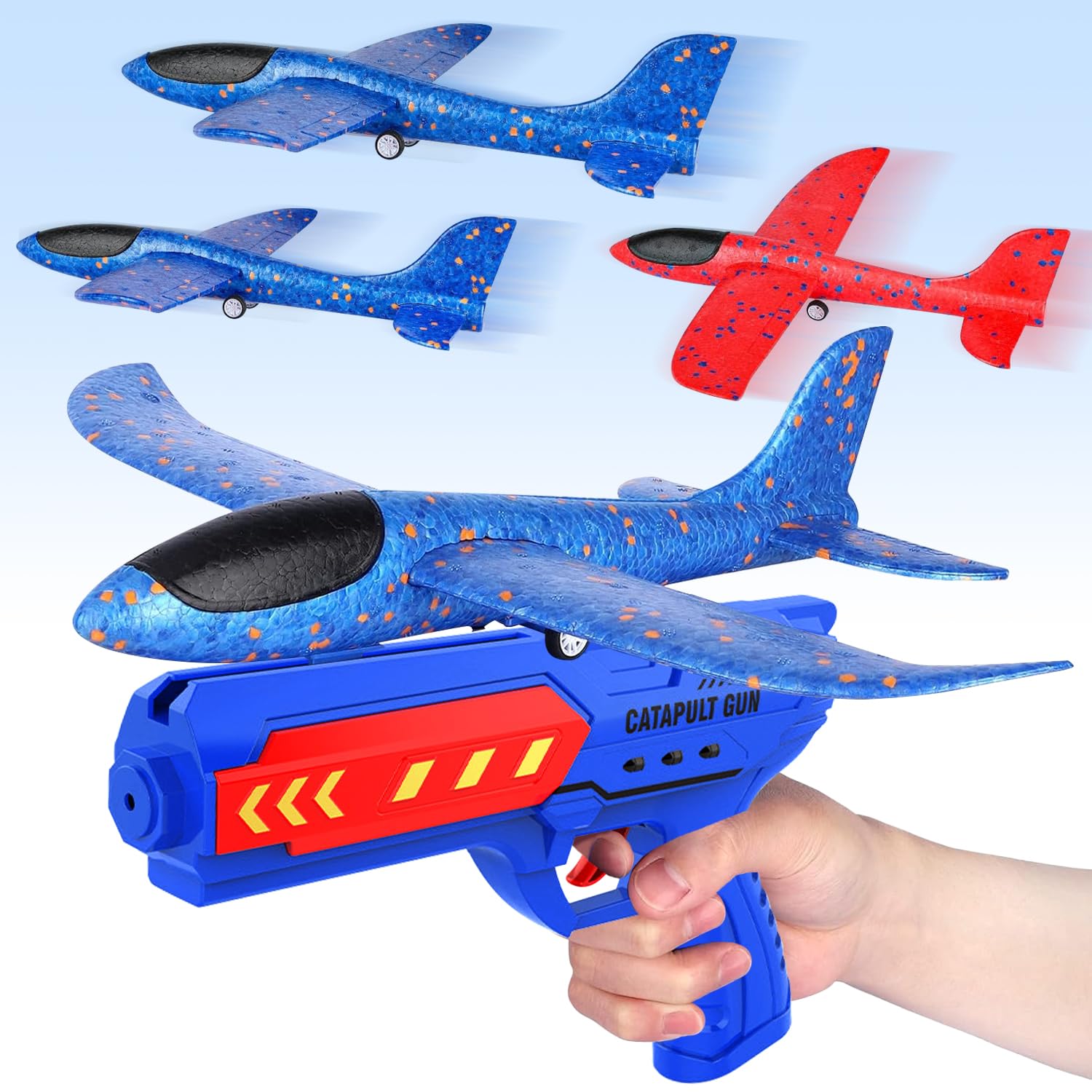 Aereo Polistirolo con Pistola Catapulta, 4 Pezzi Aereo Giocattolo, Aereo in Schiuma Giocattolo Giochi Giardino Esterno, Aliante Aeroplano Schiuma Giochi Bambini 3-8 anni