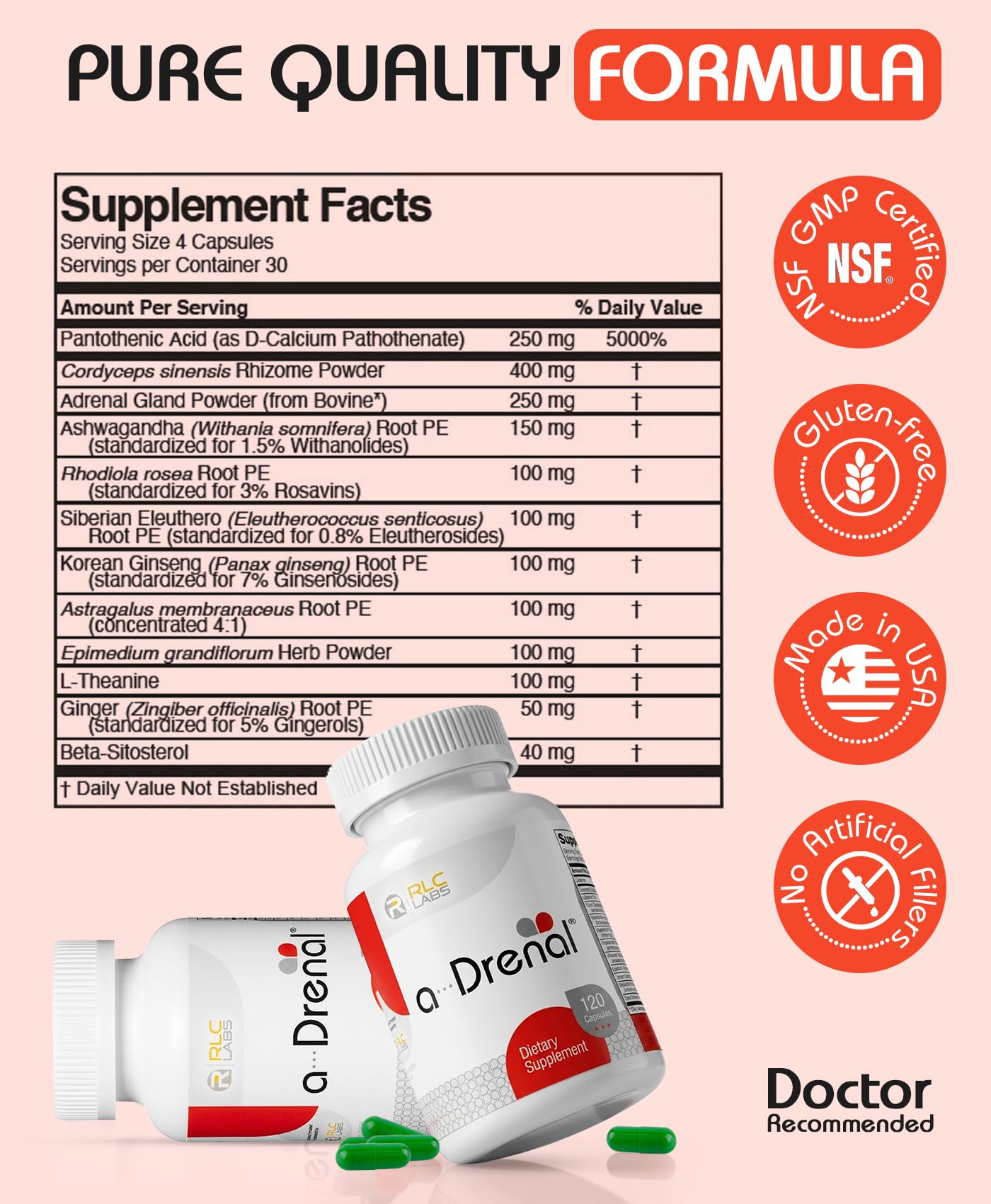 RLC Labs a-Drenal, 120 Capsules - Herbal, Cortisol Supplement with Ashwagandha, Ginger & Rhodiola to Support Balance, Mood, Energy & Vitality - Adrenal Support Formula (1 Month Supply) — Amazon image 3