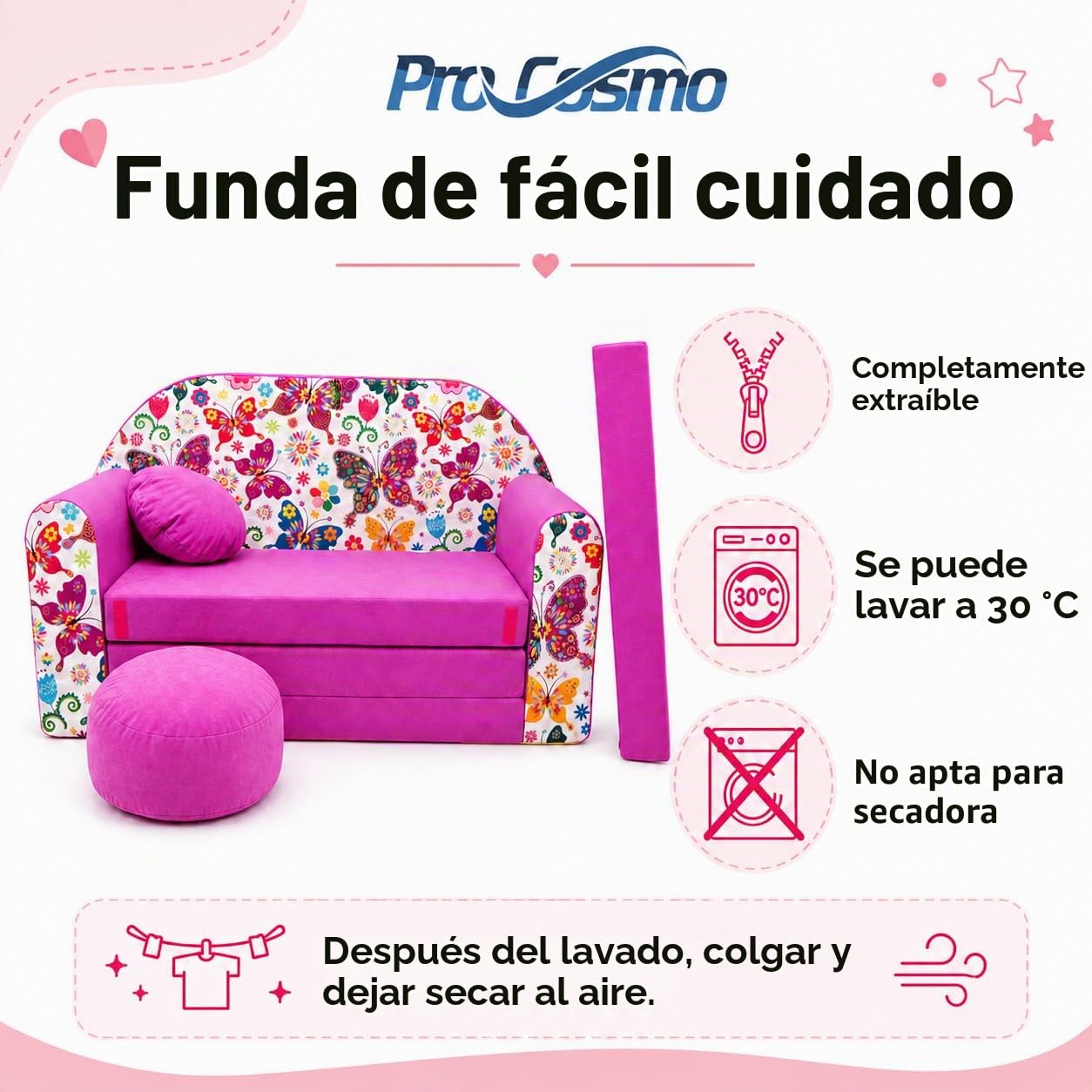 Un sofá Plegable para niños con función de Dormir con Colchón, Cojín y Puf Desenfundables - 98x168x59 cm - Ligero y Fácil de Plegar - M33 Rosa - Mariposas