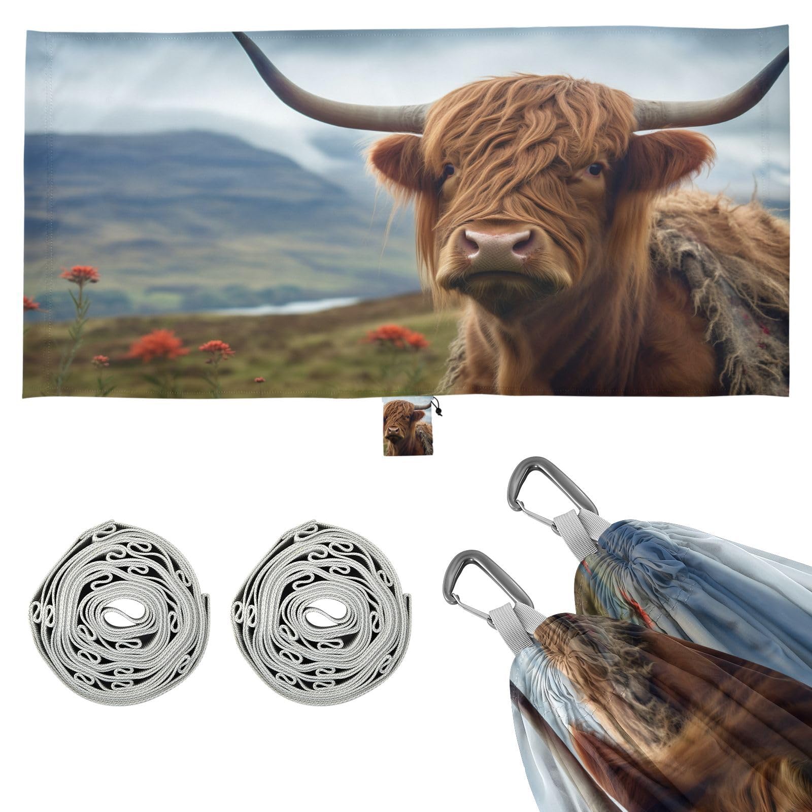 SDMKA Highland Cow Camping Hammock, 330 lbs with 2 Tree Straps, Carry Bag, Single Portable Hammock for Outdoor/Indoor, Hiking, Beach, Backpacking, Travel