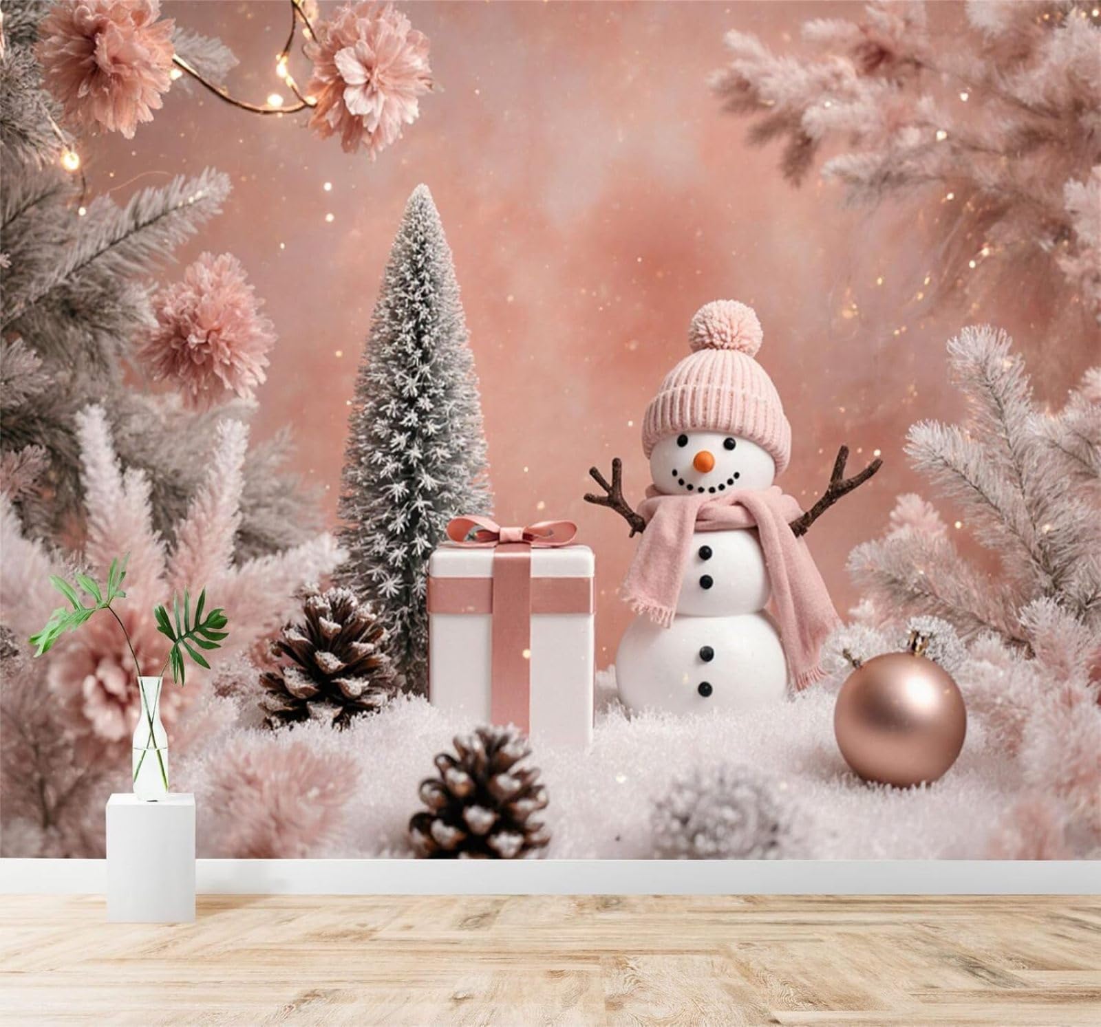 XLMING Pink Scarf Snowman Flowers Pine Tree Winter Snowy Landscape 3D Wallpaper Silky Texture Home Study Office Grey Dining Room Sofa Bedroom Living Room TV Backdrop-400cm×280cm