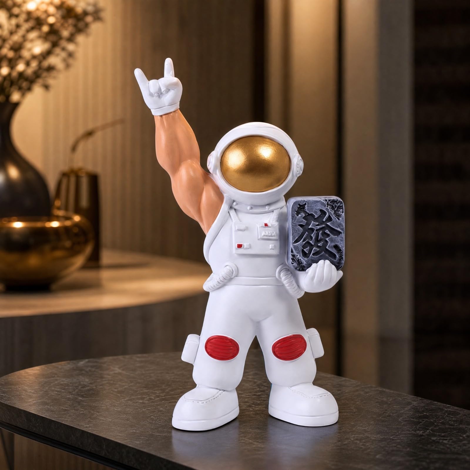 Statuetta in Resina Sintetica con Braccio Sollevato E Base Compatta per Scrivania E Ripiano da Ufficio Camera Letto E Libreria, Capelli Oro