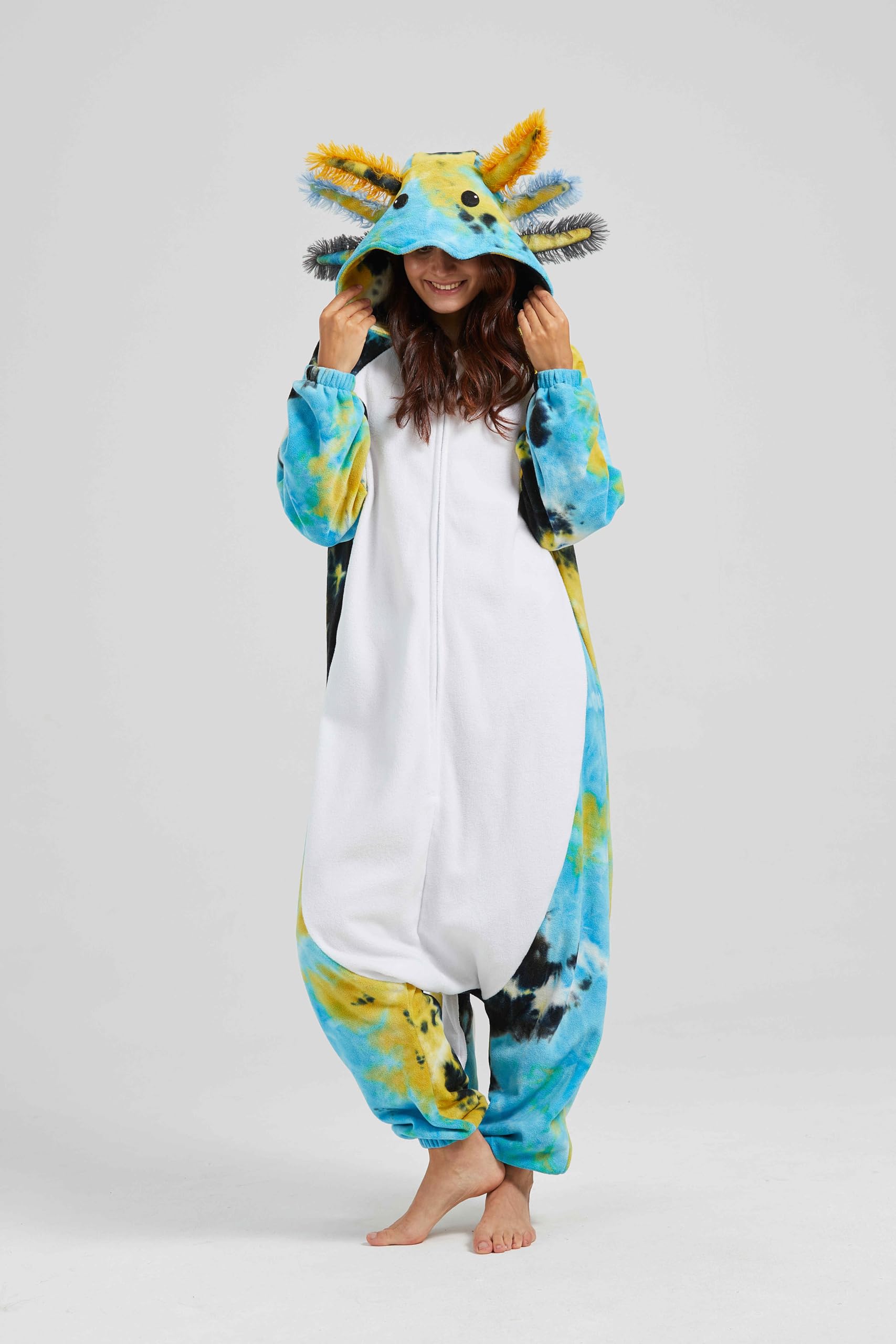 SimZoo Axolotl Tier-Einteiler-Pyjama für Erwachsene, Herren und Damen, Unisex-Hauskleidung Einteilige Cosplay-Kostüm, Nachtwäsche