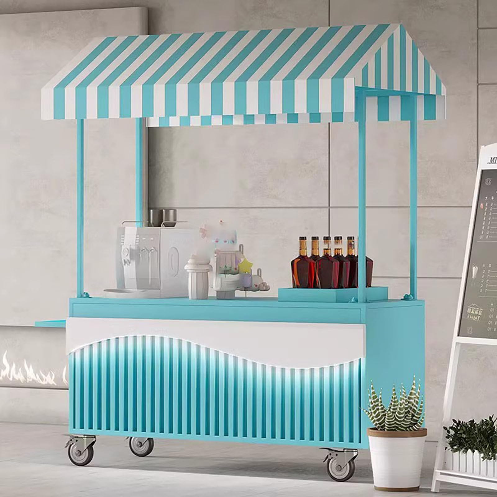 Móvil de Venta Ambulante de Comida,Genérico Puesto de Mercado con toldo,Amplia Superficie de Trabajo, Pintura horneada a Alta Temperatura,para Tiendas minoristas en Calles.(Blauw,120 * 60 * 200cm)