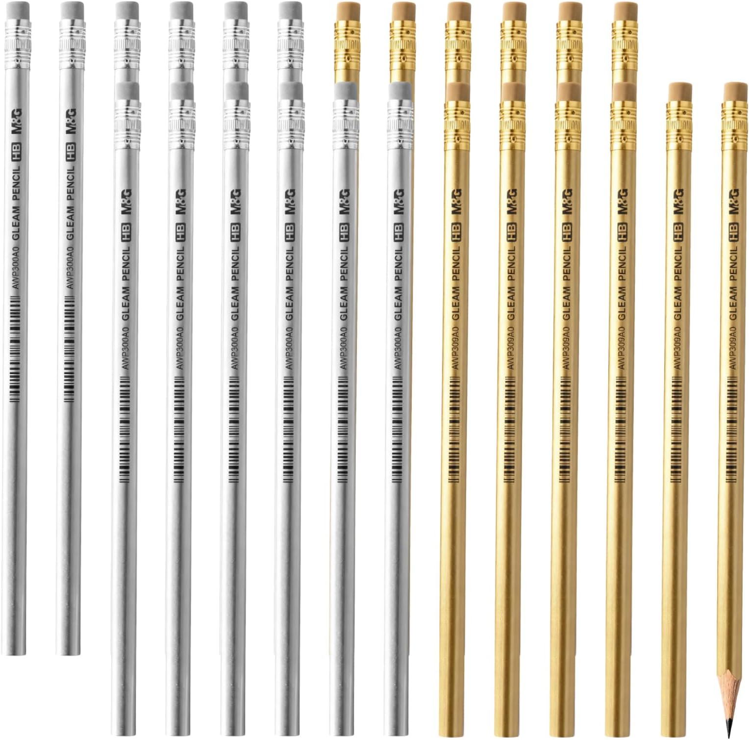 M&G Gleam Series 24 Pack HB Triangular Wood-Cased Pencils, Unsharpened with Matching Erasers, Smooth Writing Break-Resistant Core, Gold and Silver Solid Barrels for School Office Classroom Supplies